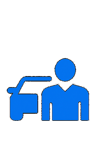 Blue icon of a person with a gear symbol behind them on a black background.