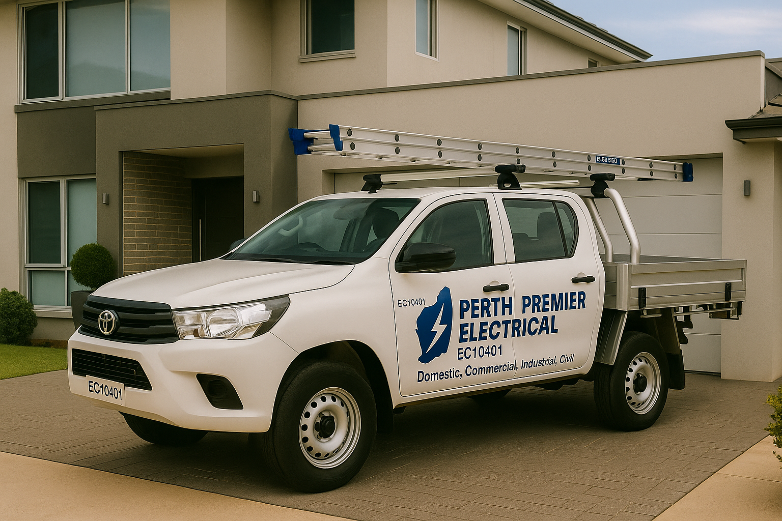 A white pickup truck with a ladder on top parked in a driveway in front of a modern house. The truck has the logo and text "Perth Premier Electrical" and lists services for domestic, commercial, industrial, and civil work.