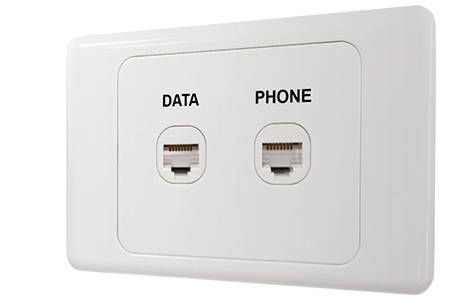 A white wall plate with two Ethernet ports labeled 'DATA' and 'PHONE'.