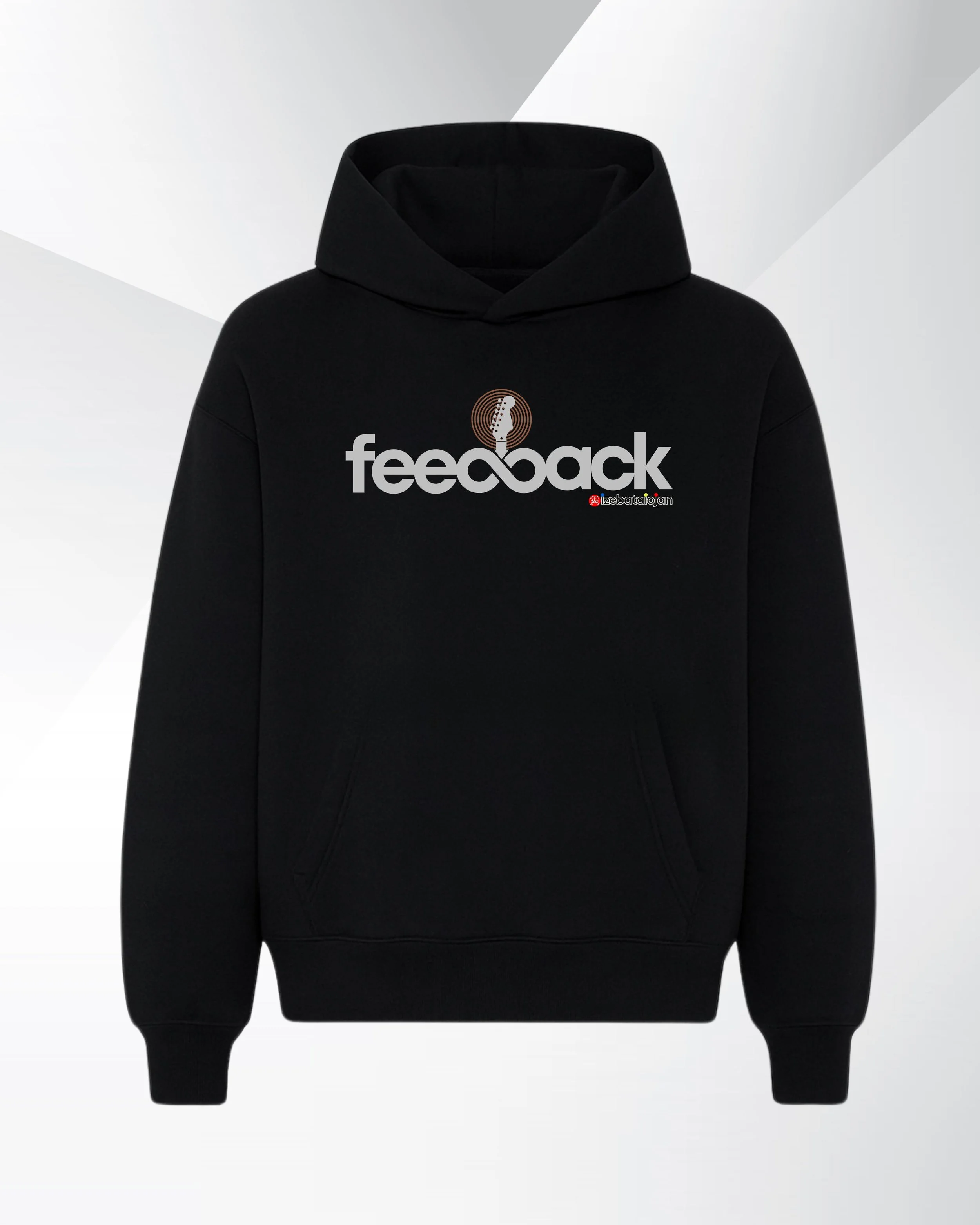 Black hoodie with a logo and the word feedback in white text on the front.