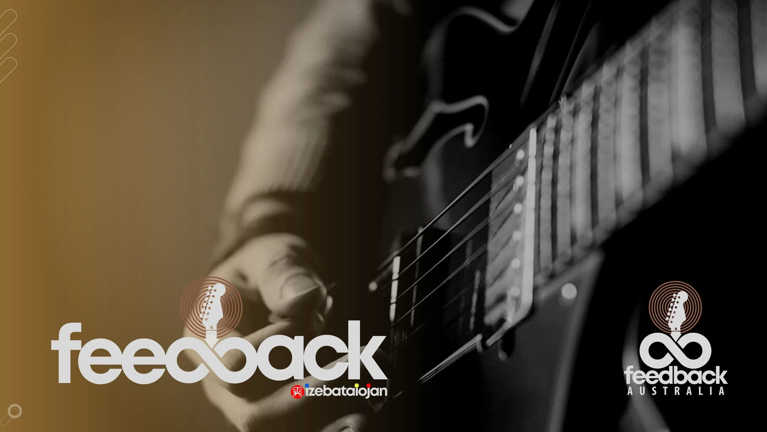 Close-up of a person playing an electric guitar, with a focus on the hand on the fretboard and the strings. The image is in black and white with a sepia tint where the background is. There are logos and text overlaying the image, including the word 'feedback' with an infinity symbol intertwined with a guitar headstock, and the words 'feedback AUSTRALIA' with a similar logo.