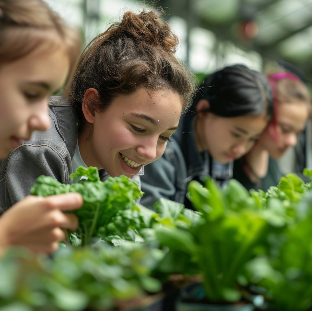 Students working with hydroponic plants in classroom
