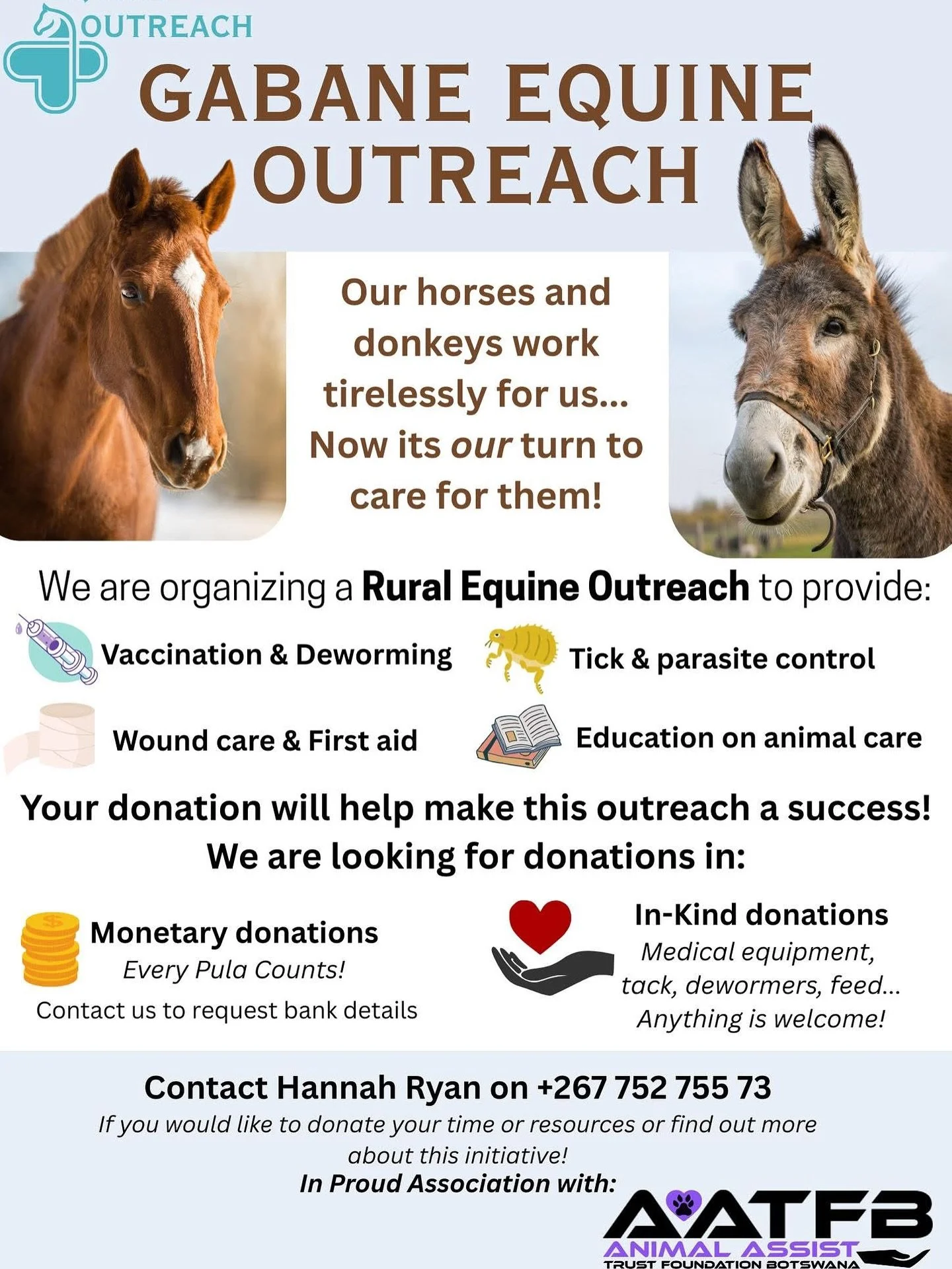 🐴 Gabane Equine Outreach 🐴
📅 11 October 2025 | Gabane Village
A special outreach day to provide much-needed treatments for local horses & donkeys 💙
👉 Support at: backabuddy.co.za/campaign/gabane-equine-outreach
Every bit helps!