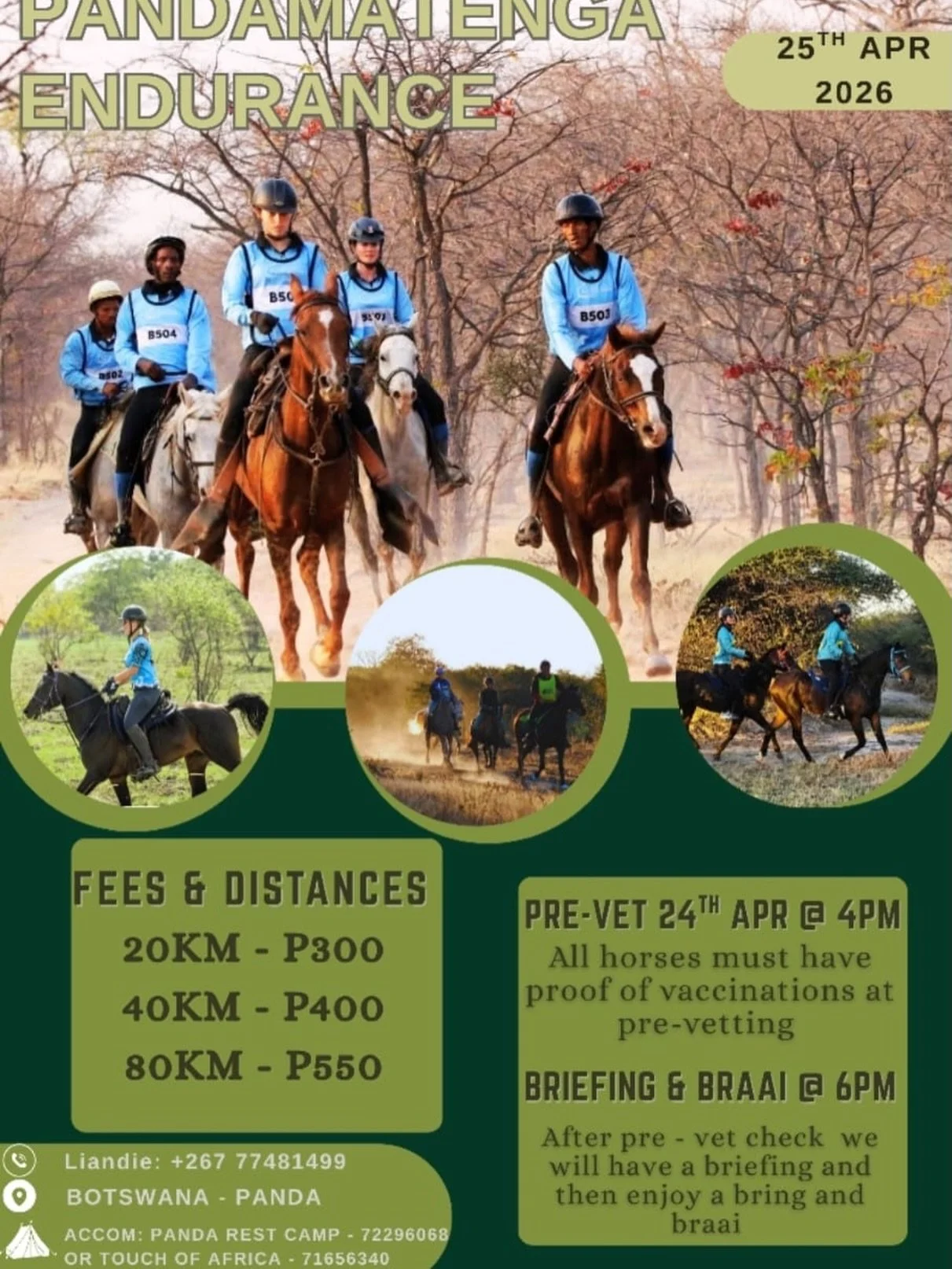 First Ever Pandamatenga Endurance 🐎

Come join the exciting thrill of endurance! Witness the unbreakable bond between horse and rider as they cover kilometers together in a powerful partnership built on love, trust, and passion.

📅 25th April
📍 Pa