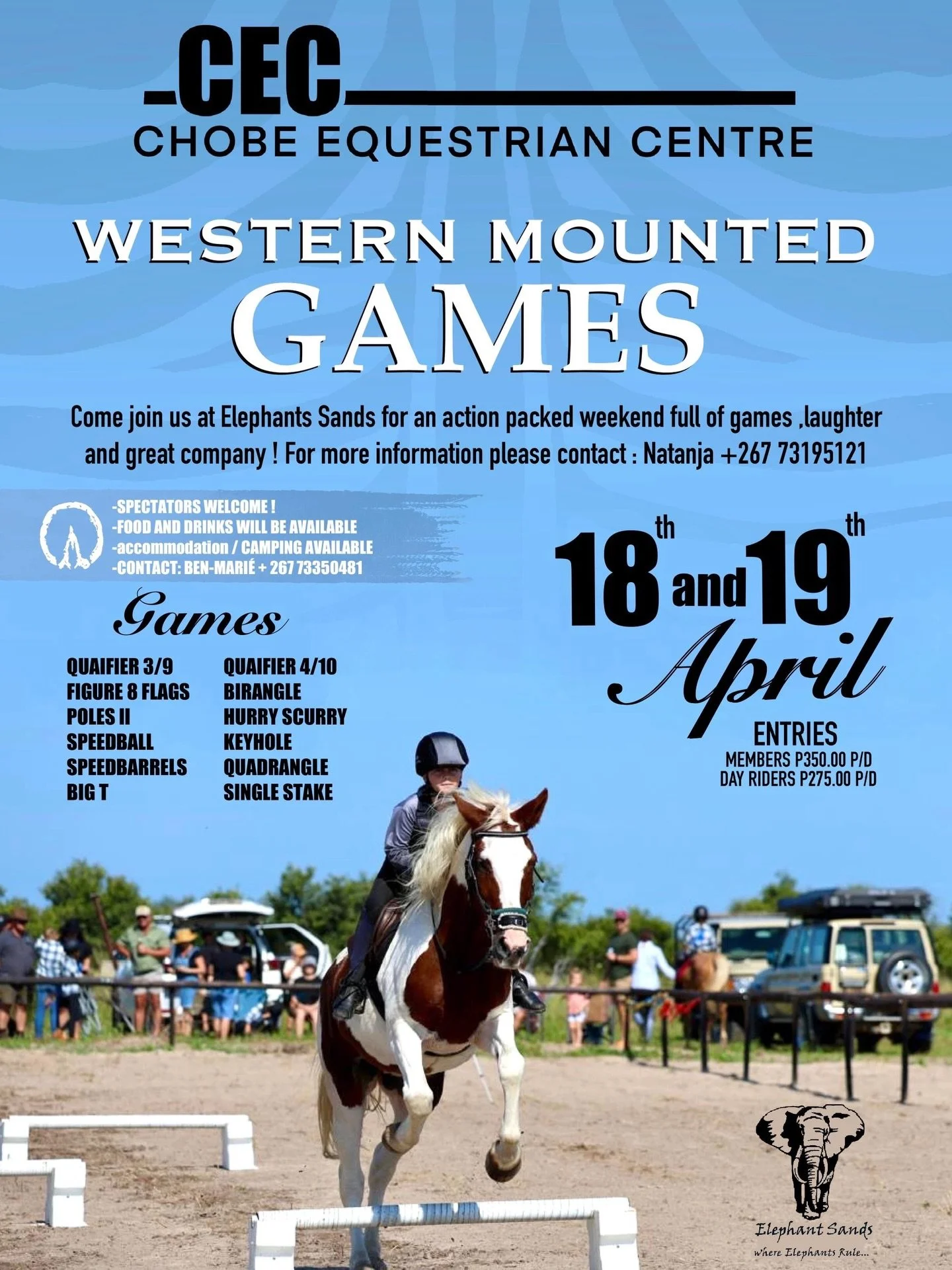 Join us at Elephants Sands Arena for Chobe Districts second qualifier weekend for the season, don&rsquo;t miss out on the chance to improve your times before Botswana Nationals!!🐎🐎 Food and drinks will be sold, entry link below
https://docs.google.