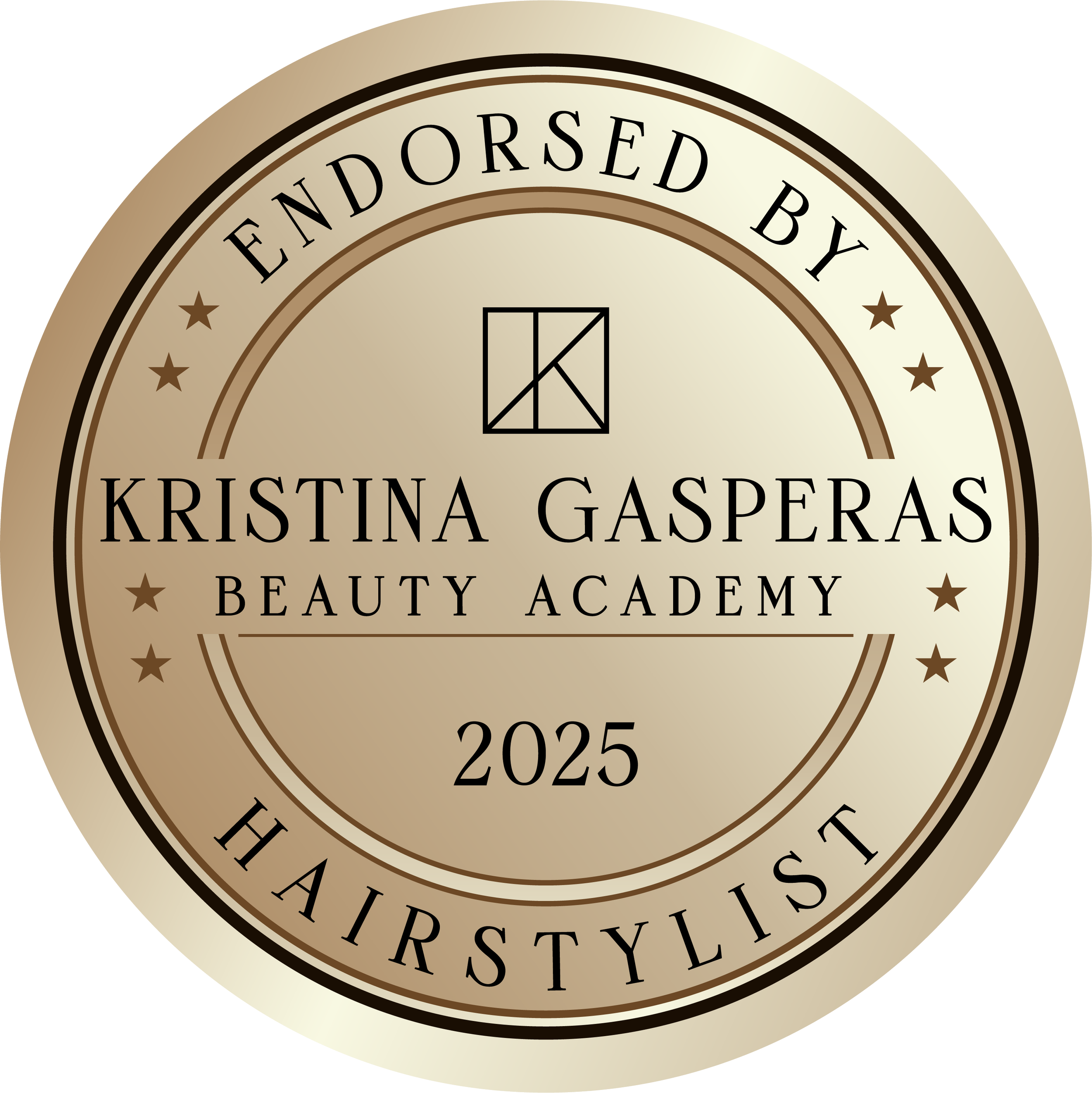 Gold circular emblem for Kristina Gasperas Beauty Academy, endorsing hairstylist, for the year 2025, with black text and decorative stars.