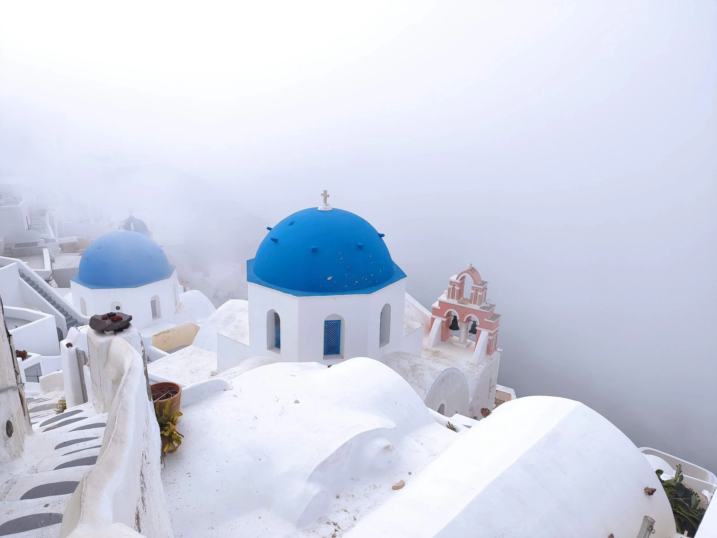 Santorini in winter with fog