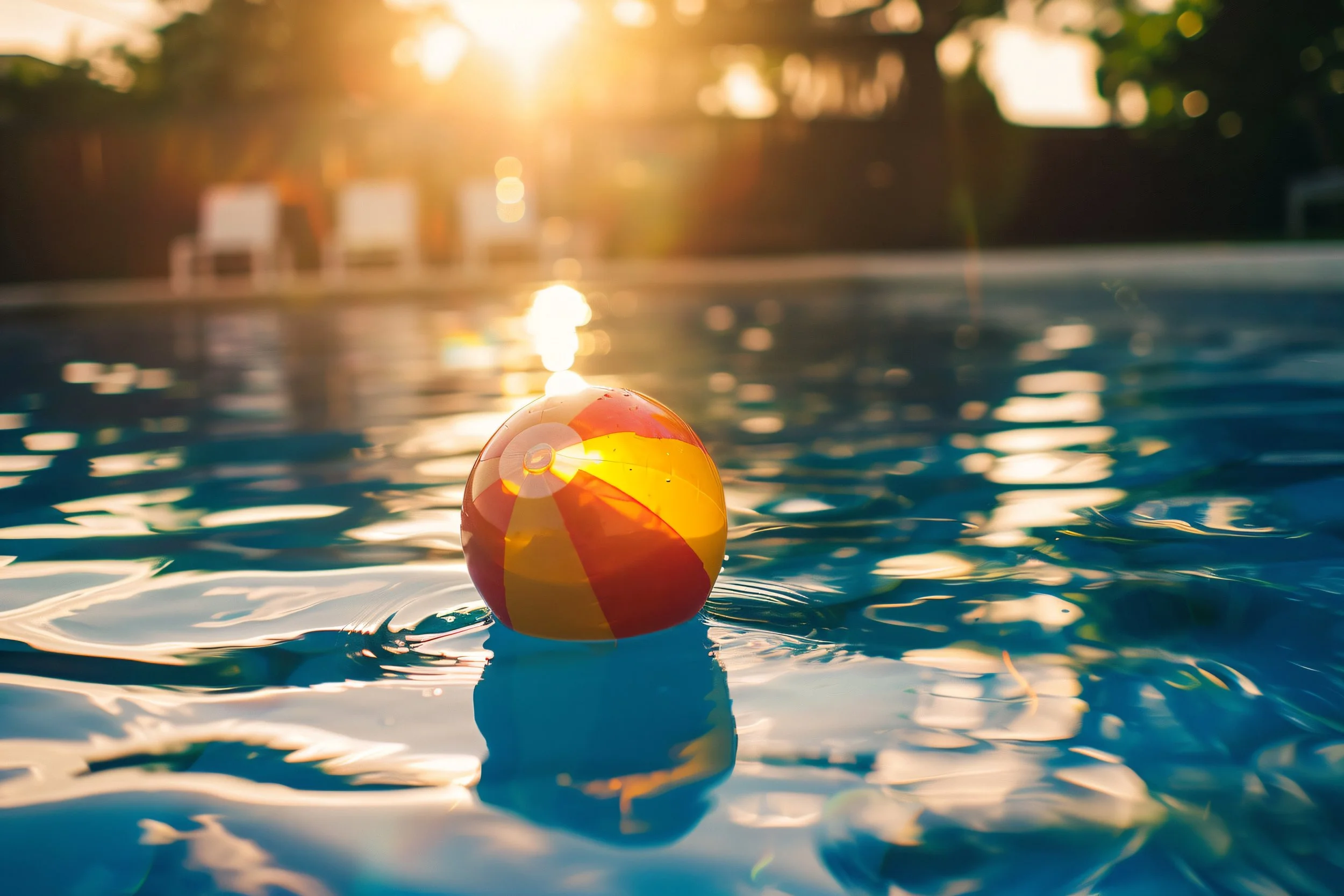 Badeball im Schwimmbecken bei Sonnenuntergang, im Hintergrund Sonnenlicht und Liegestühle