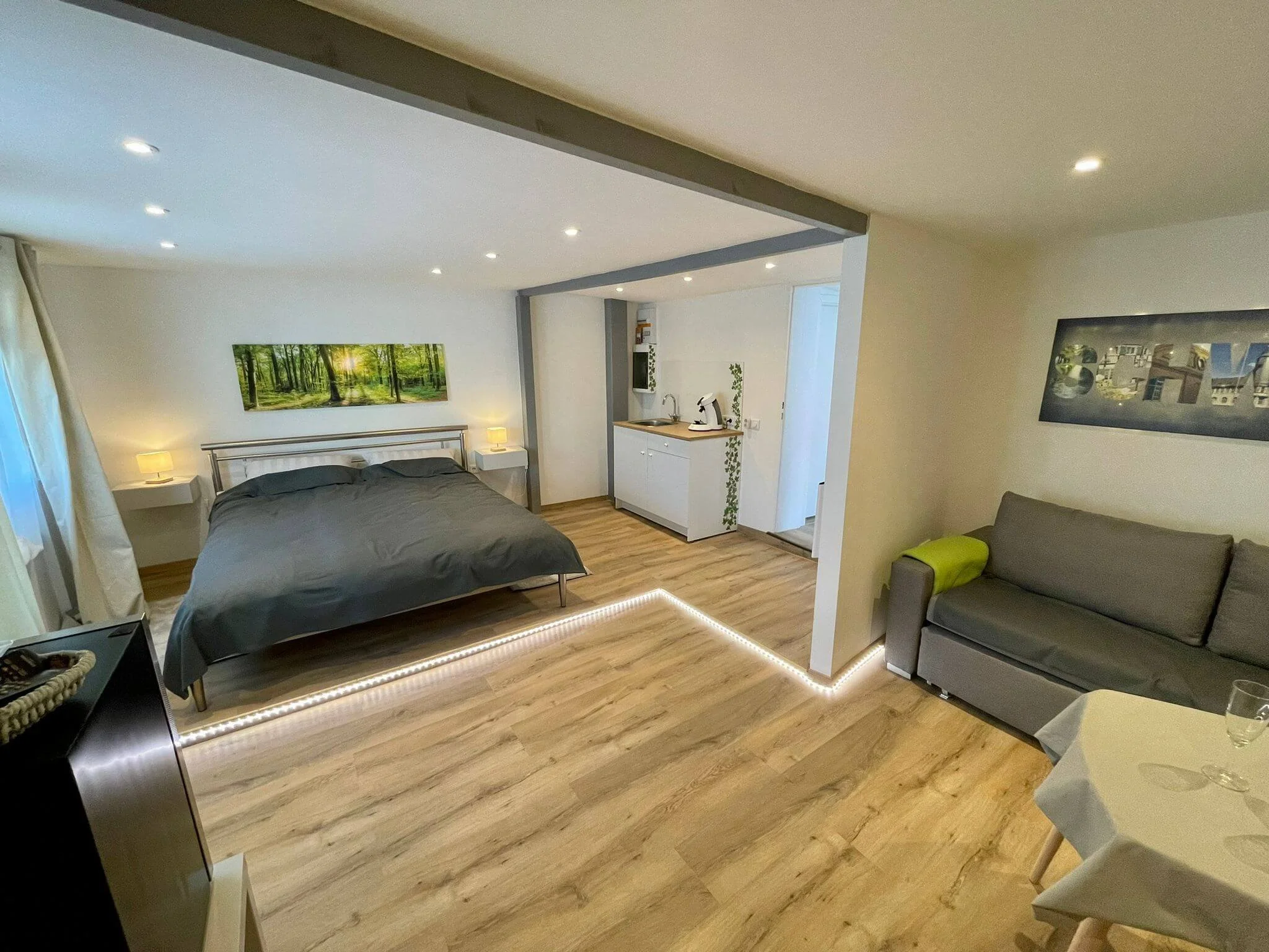 Wohnzimmer mit Doppelbett, Sofa, kleiner Küchenbereich und Essbereich, Holzfußboden, Wanddekorationen, eingeschaltete Deckenbeleuchtung und LED-Streifenbeleuchtung.