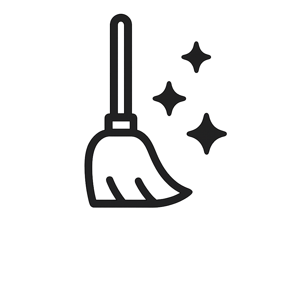 Simple black line drawing of a broom and three stars on a gray background.