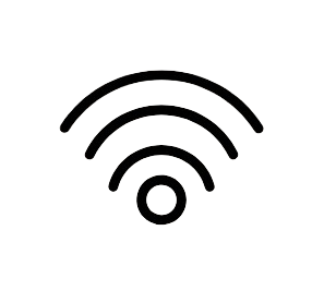 Simplified illustration of a Wi-Fi signal icon with curved lines radiating from a central dot.