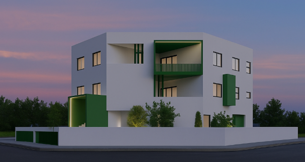 Modern white apartment building with green accents and balconies, surrounded by trees, during sunset.