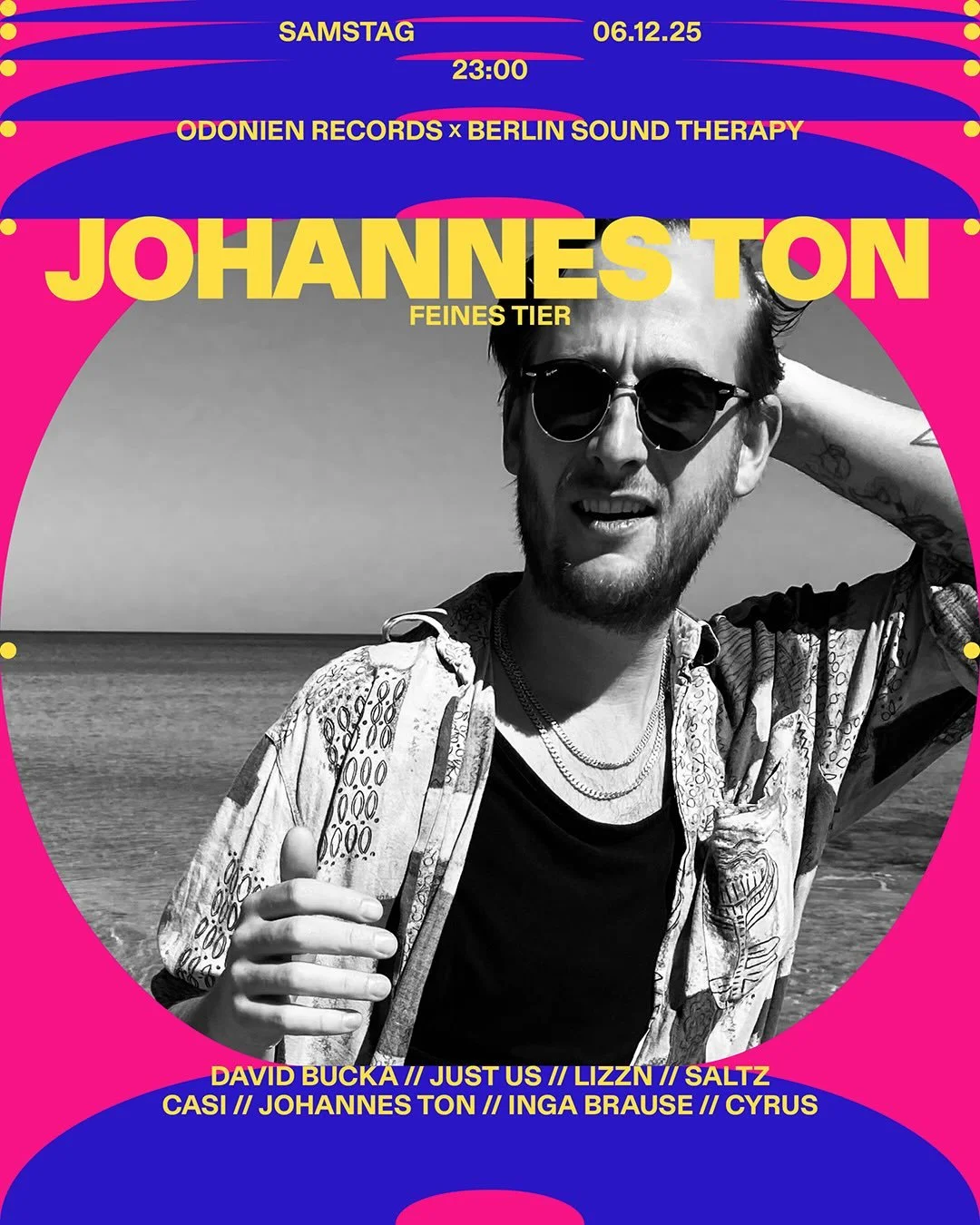 ★ ODONIEN RECORDS x BERLIN SOUND THERAPY w/David Bucka ★
SA. | 6.12. | 23:00-08:00
w/ Techno, Tech House, Bounce, Melodic &amp; Midtempo

Odonien Records freut sich auf den K&ouml;lner DJ und Produzenten @johannes.ton von @laut_und_luise. Seine abwec