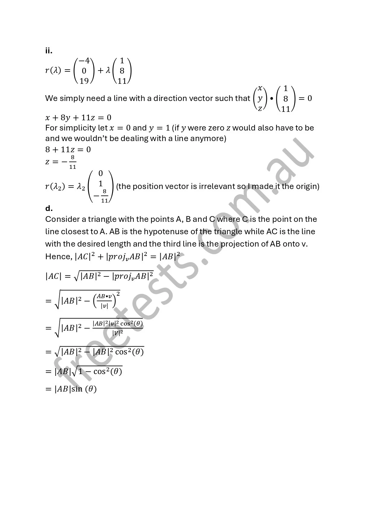 Mathematical equations and explanations related to vectors, lines, and triangles, including calculations involving slopes, projections, and trigonometric functions.