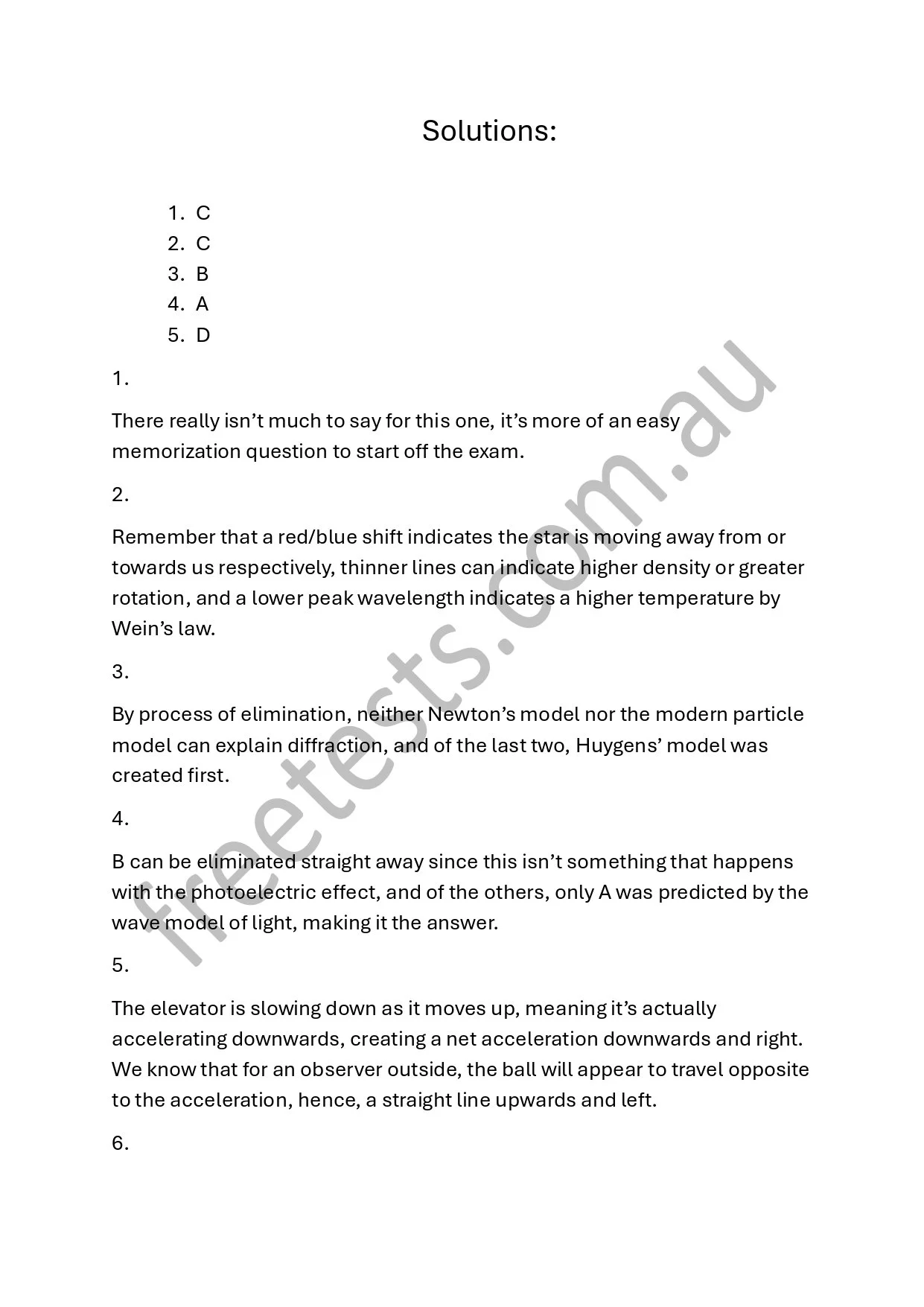 A page with exam solutions and explanations, including multiple-choice answers and scientific concepts about astronomy, physics, and waves.