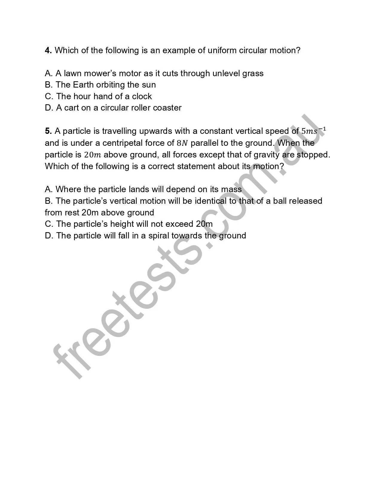 A printed multiple-choice physics test question sheet showing two questions about uniform circular motion, with options labeled A to D.