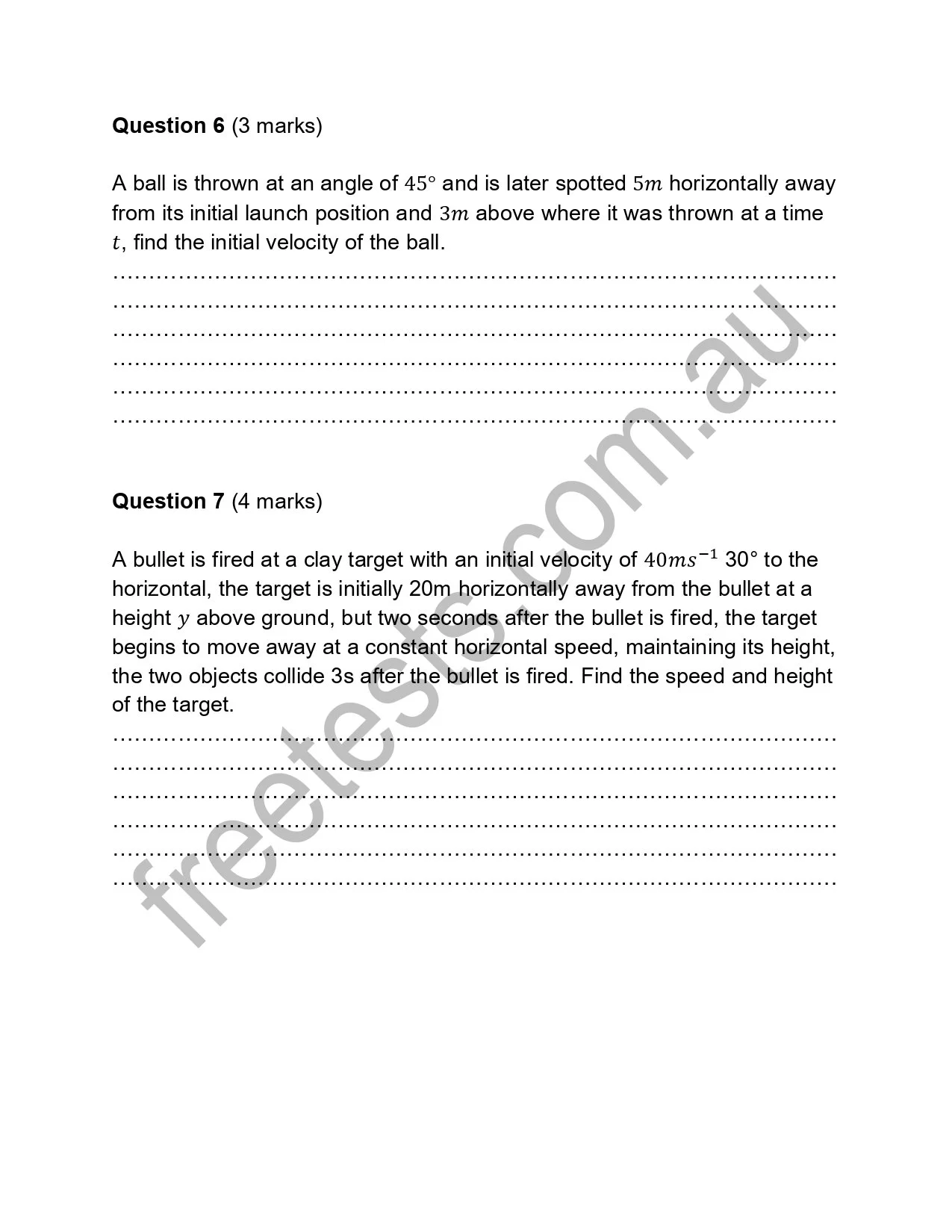Math exam questions involving projectile motion and target shooting calculations.