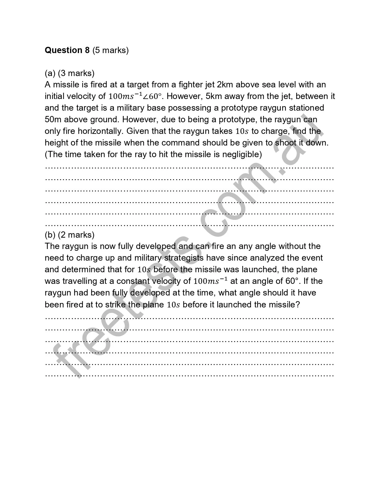 Exam question sheet discussing missile targeting, raygun trajectory, and projectile physics calculations.