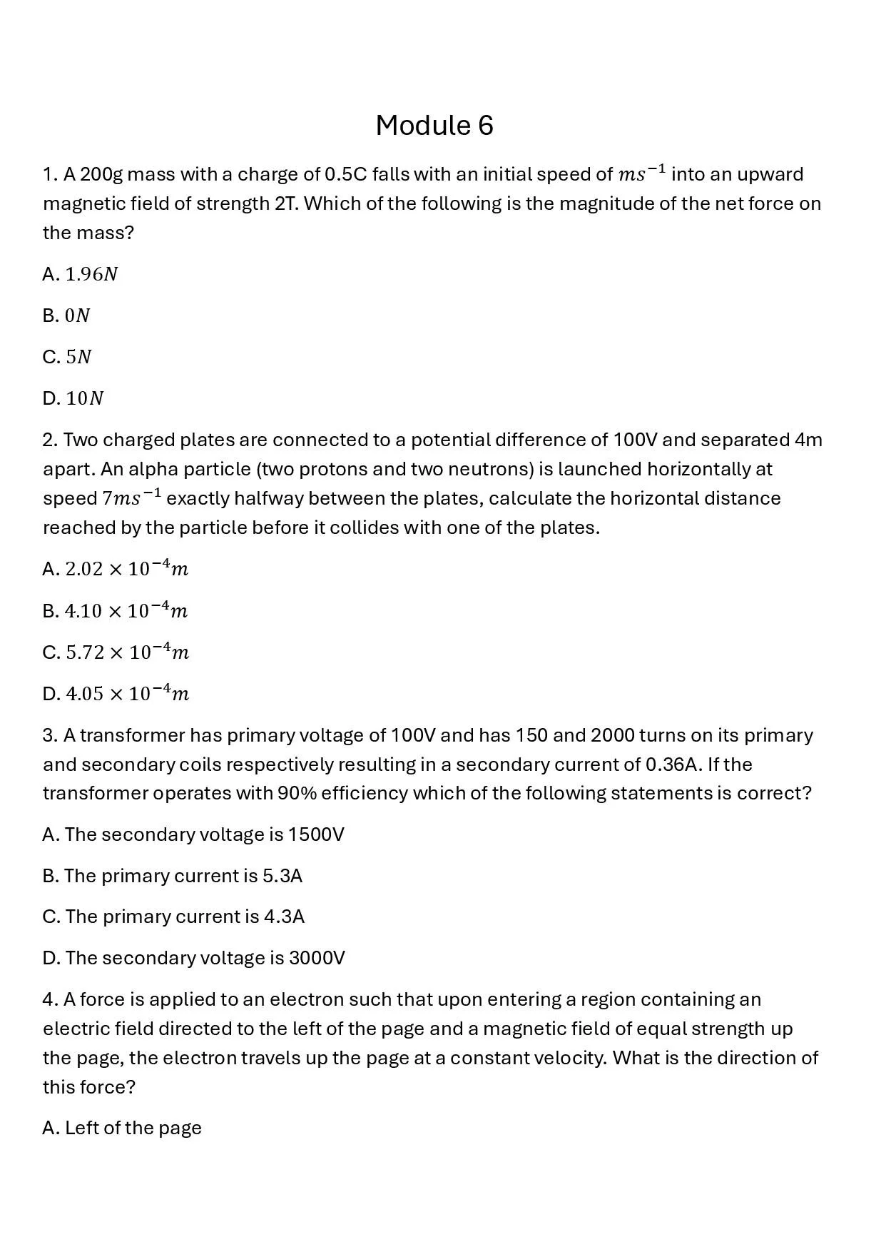 Screenshot of a physics exam with four multiple-choice questions and answer options.