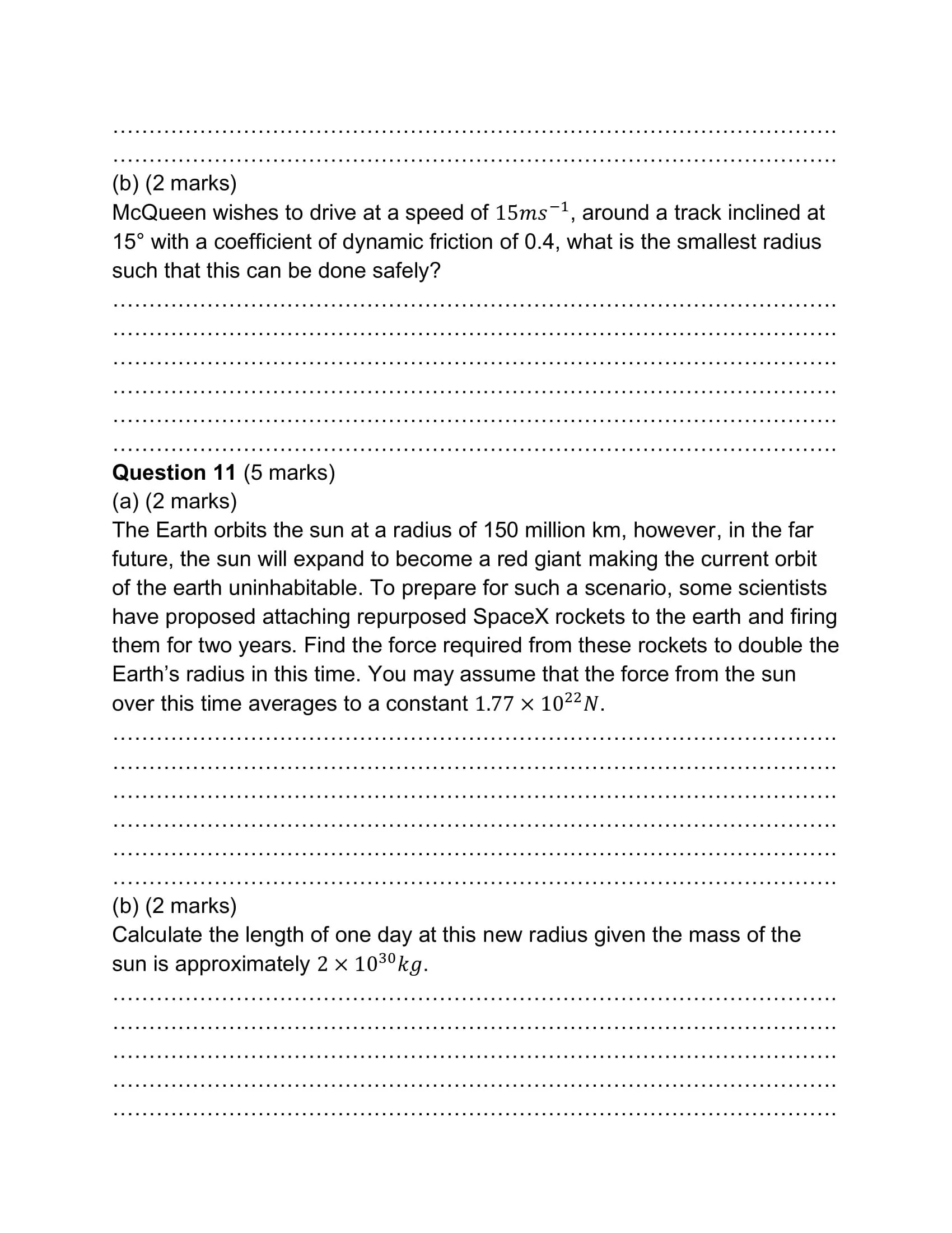A page of a physics or astronomy exam or worksheet with questions about Earth's orbit, the sun's expansion, and computing the length of a day, including space and math notation.