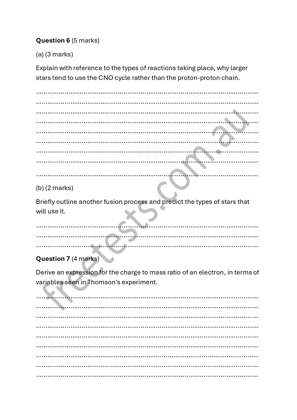 A printed exam or worksheet page with questions related to astrophysics and chemistry, including discussing types of reactions, fusion processes, and deriving an expression for charge to mass ratio