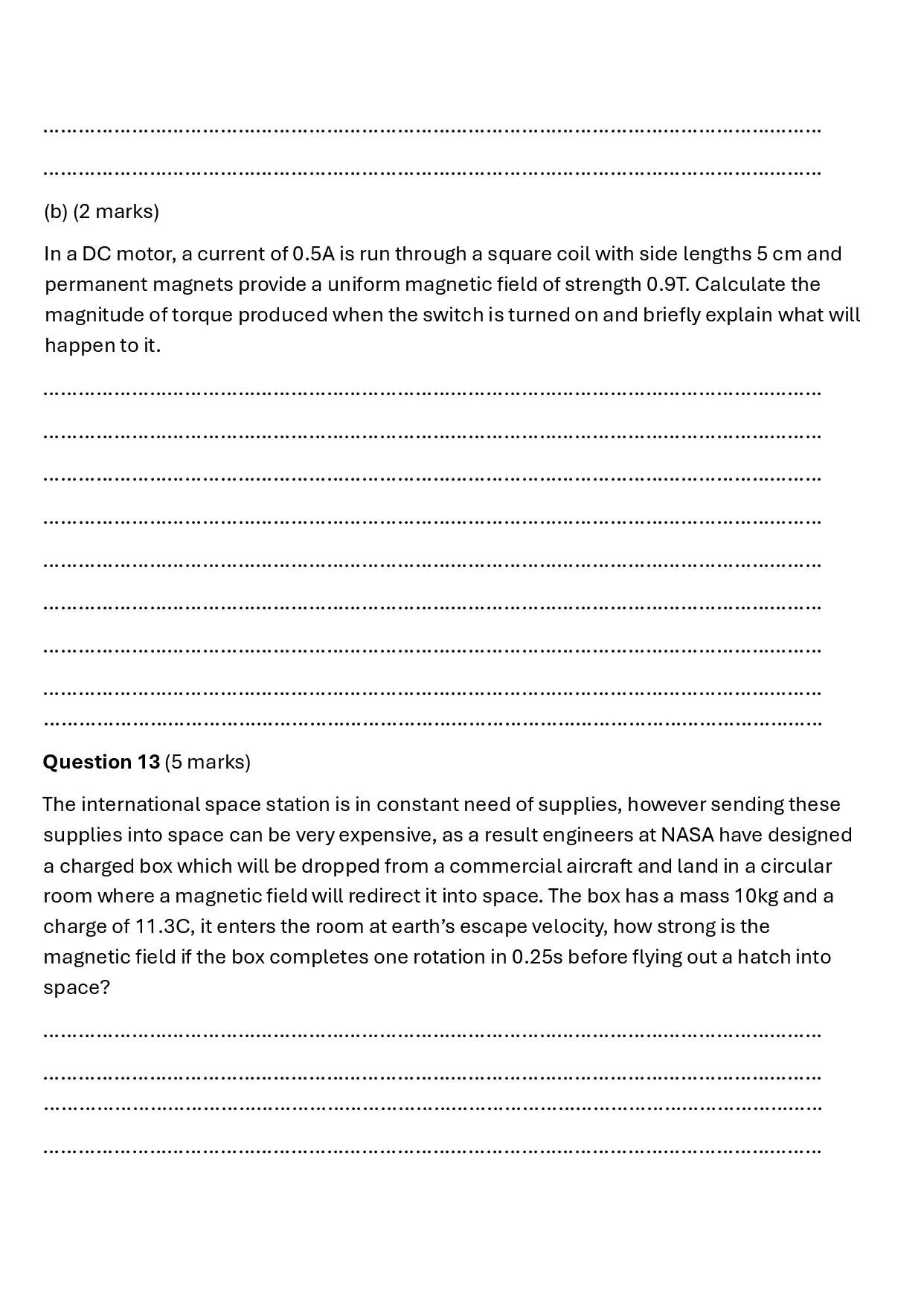 A photograph of a printed physics exam or worksheet with questions related to magnetic fields and space station physics.