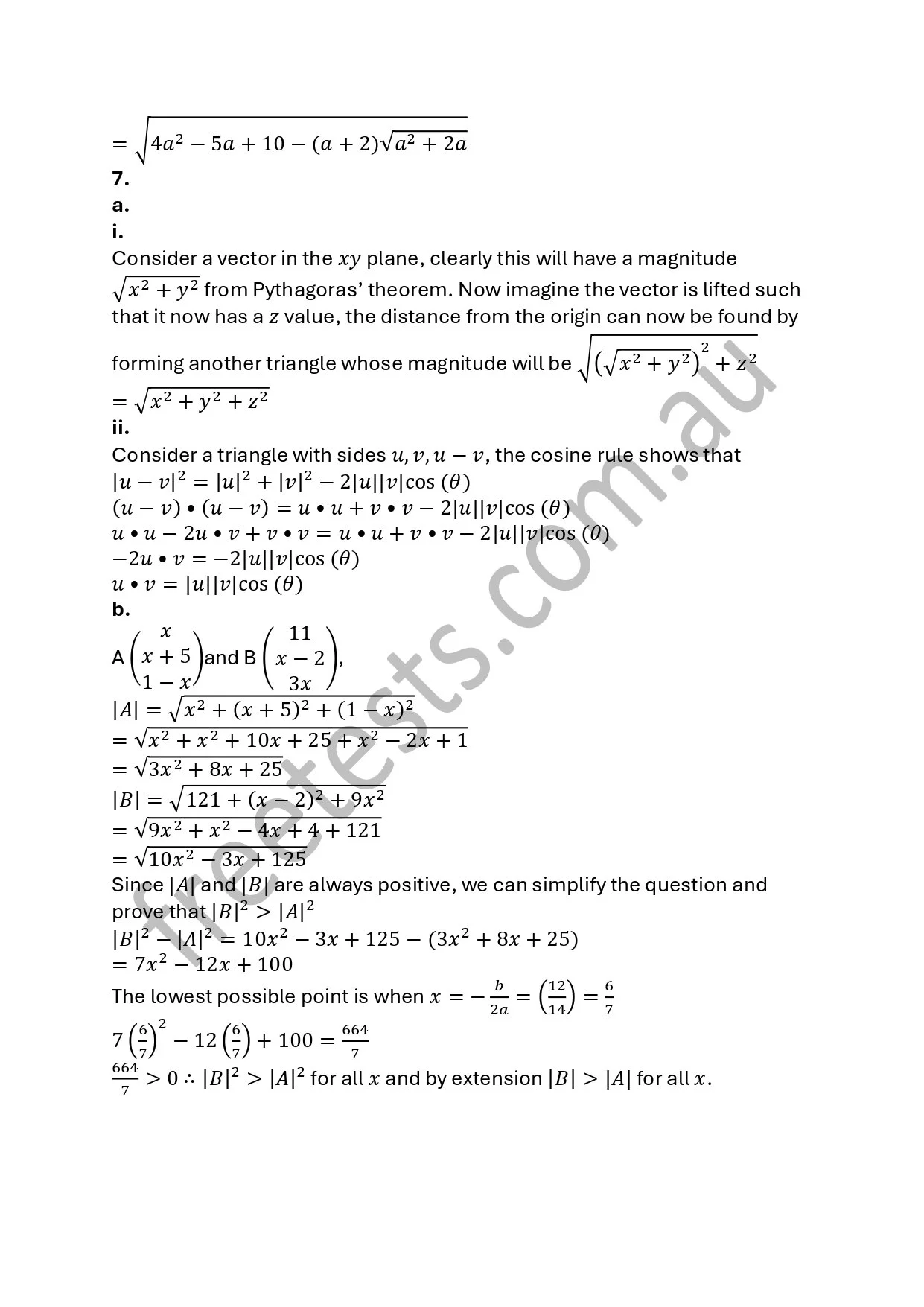 Page of mathematical equations and explanations, including vectors, triangles, and algebraic expressions, from a math textbook or worksheet.