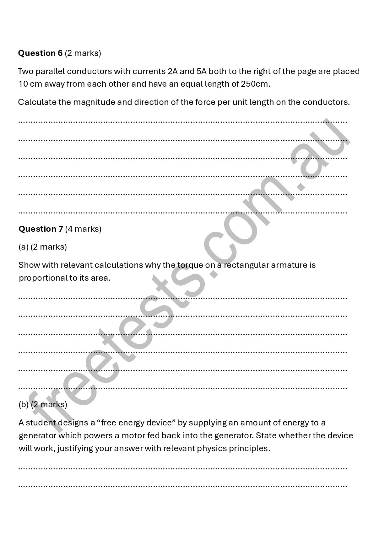 A printed exam sheet with questions about physics, including calculations on force and torque, and a question on energy devices. The sheet contains numbered sections, dotted lines for answers, and is watermarked with the URL 'stetson.com.au'.