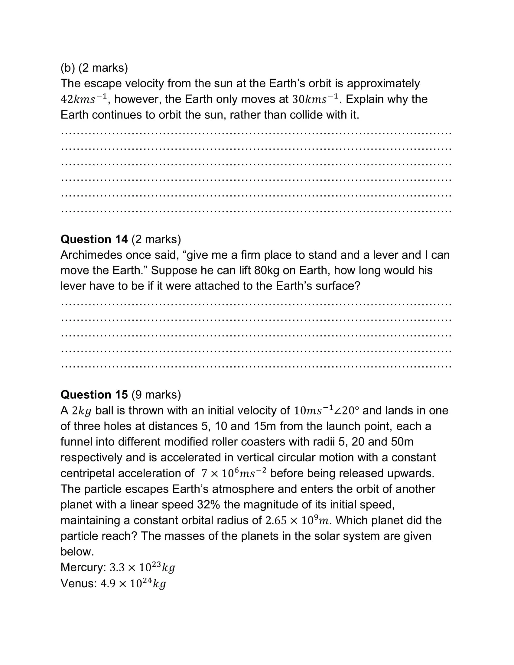A physics worksheet with questions about orbital velocities, levers, and projectile motion, including equations and calculations.
