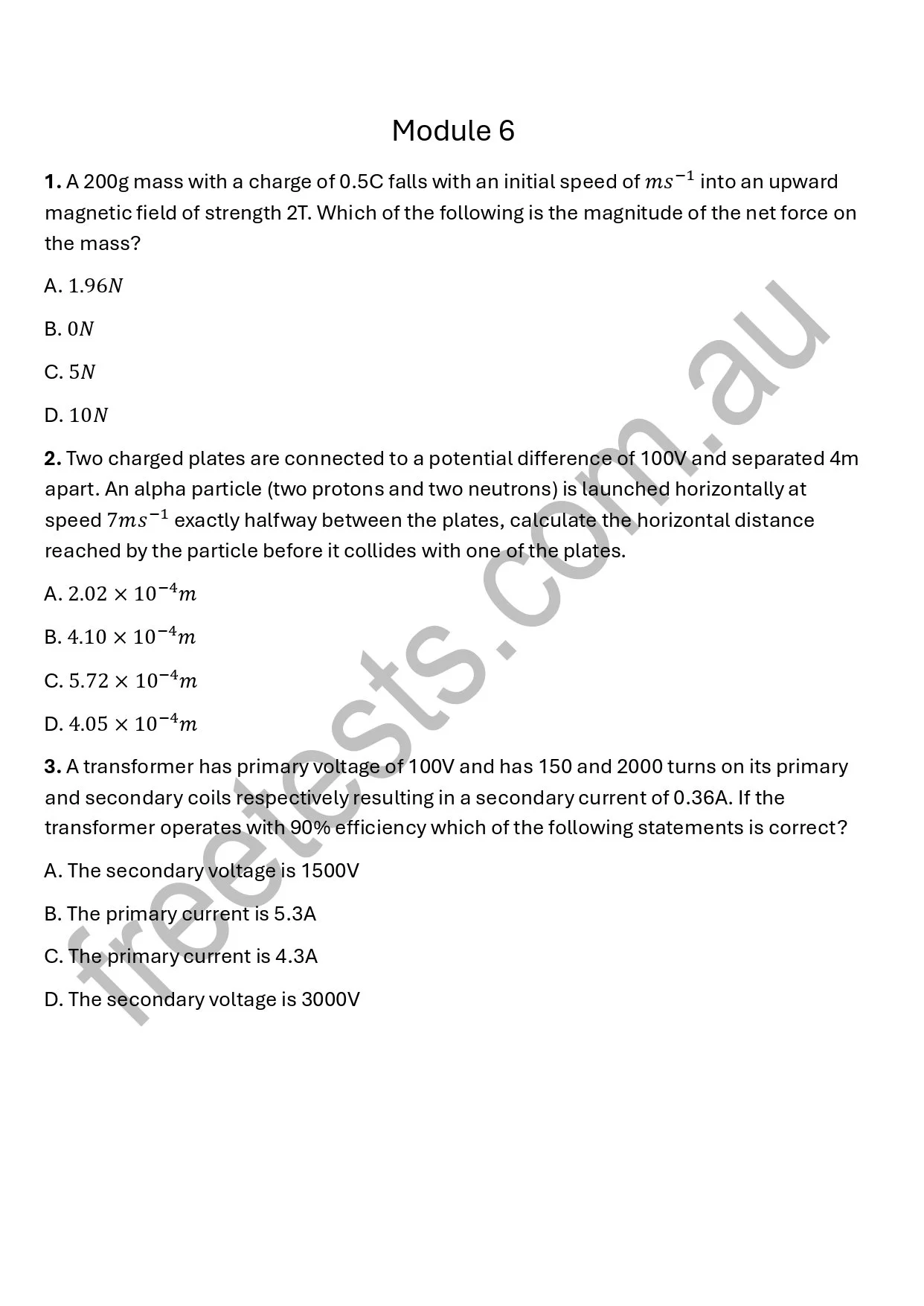 Page from an academic physics exam or textbook, titled 'Module 6', with three multiple-choice questions about physics concepts such as magnetic forces, particle motion, and transformer calculations.