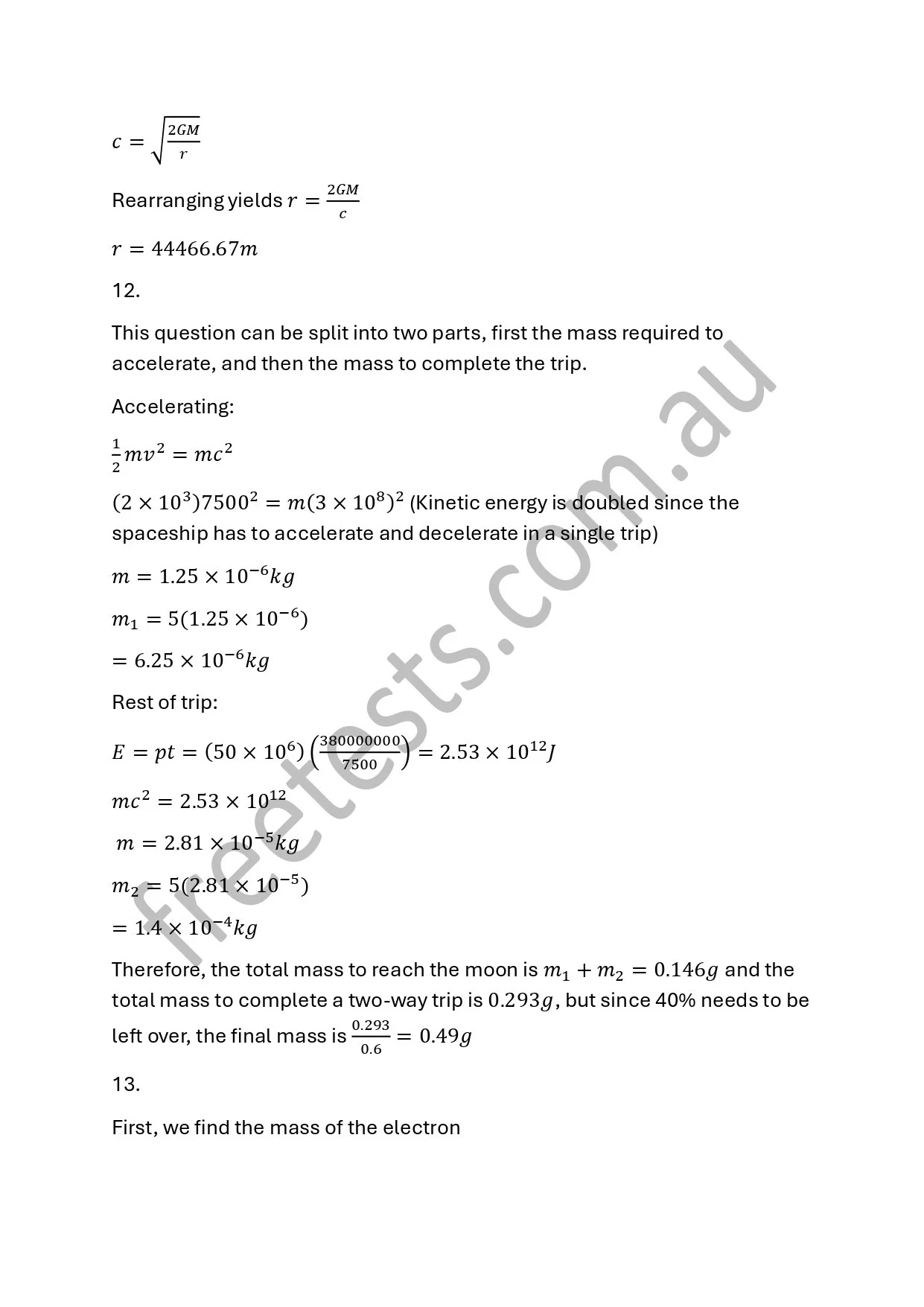 Page of a physics or astronomy textbook with mathematical equations and calculations related to space travel, including formulas for speed, distance, energy, mass, and the moon.