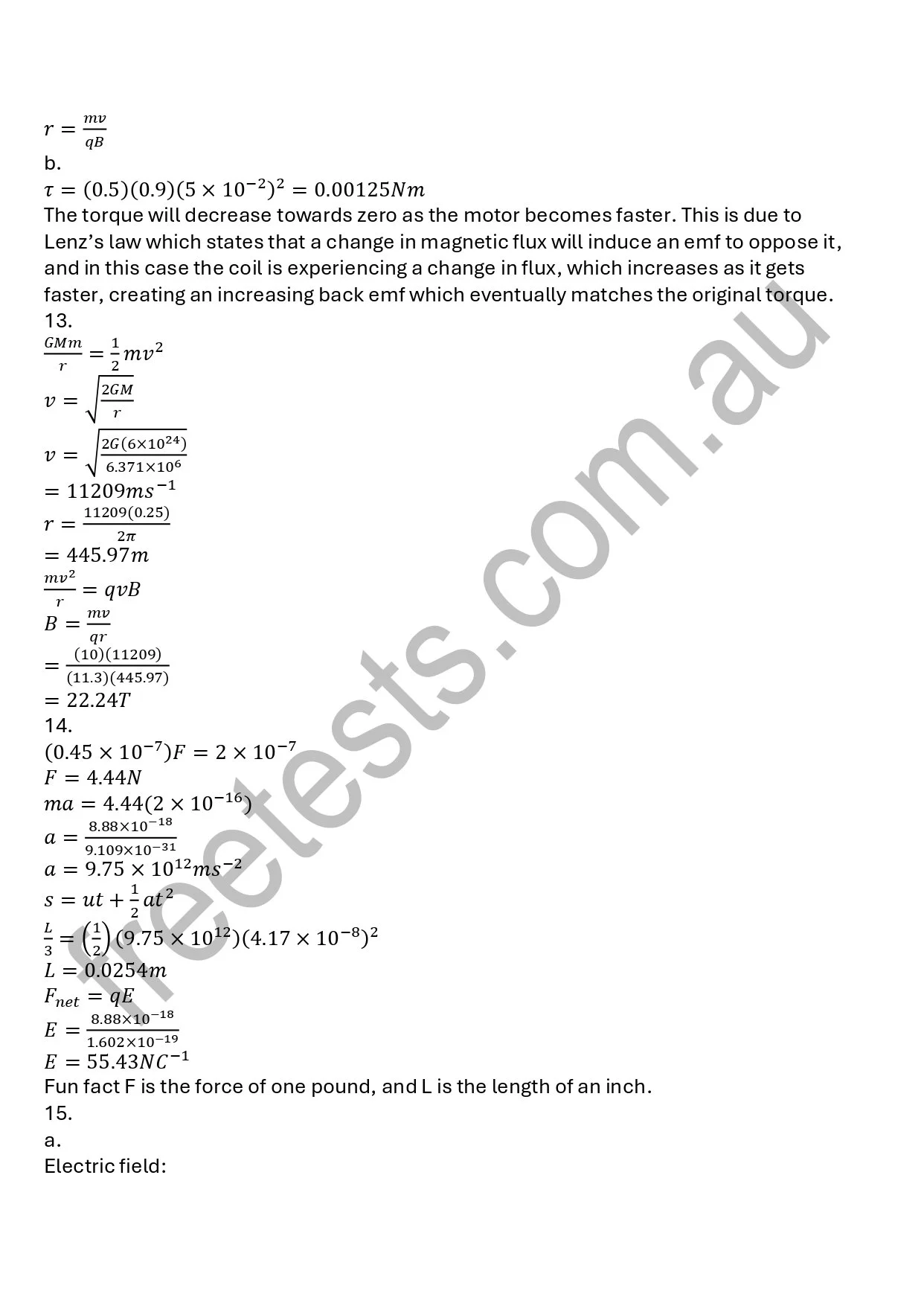 Page filled with physics equations and explanations related to torque, magnetic field, electromagnetism, force, acceleration, and other scientific concepts.