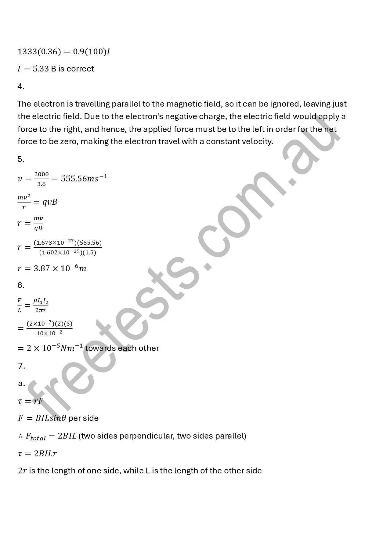 A page of scientific calculations and equations related to physics, including formulas for electron travel, force, and tension, with some variables and constants.