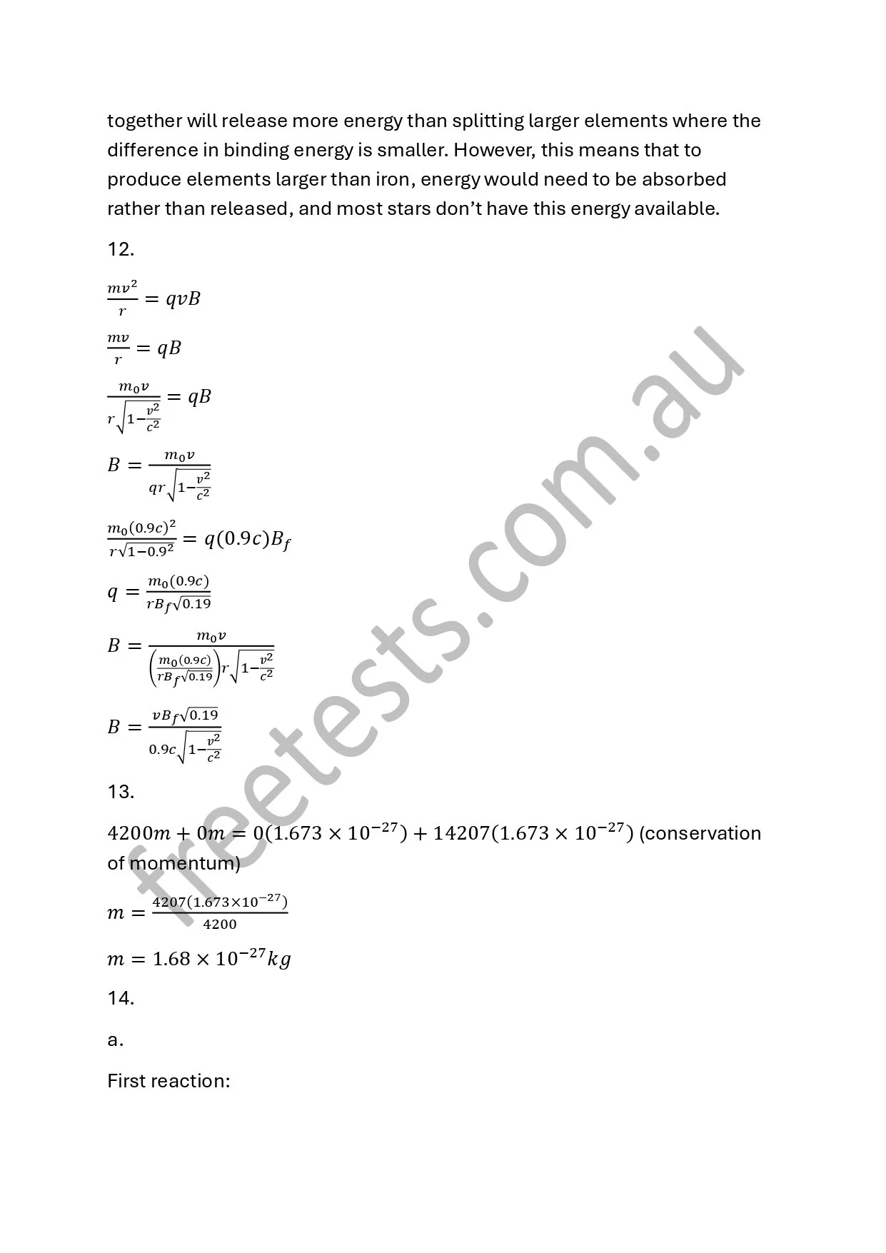 Page containing physics equations and calculations related to energy, mass, and momentum.