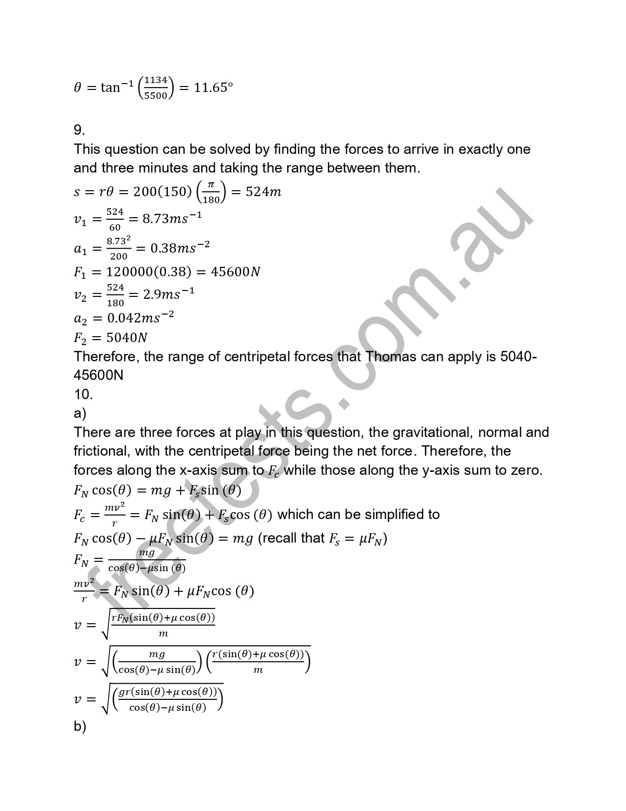 Page of physics or engineering calculations involving forces, acceleration, and angles, with equations and mathematical notation.