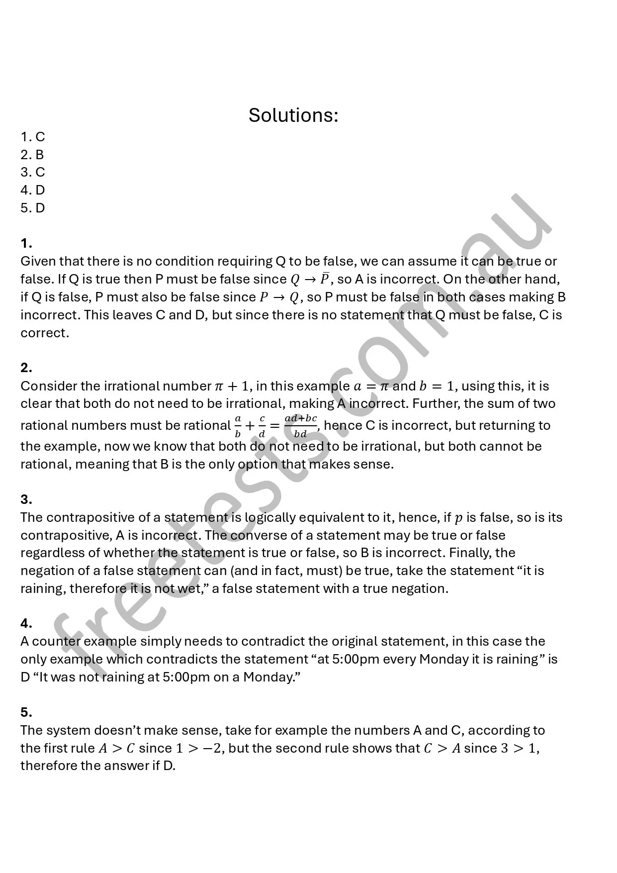 A page with detailed solutions and explanations for multiple-choice questions, numbered 1 through 5, in a text document.