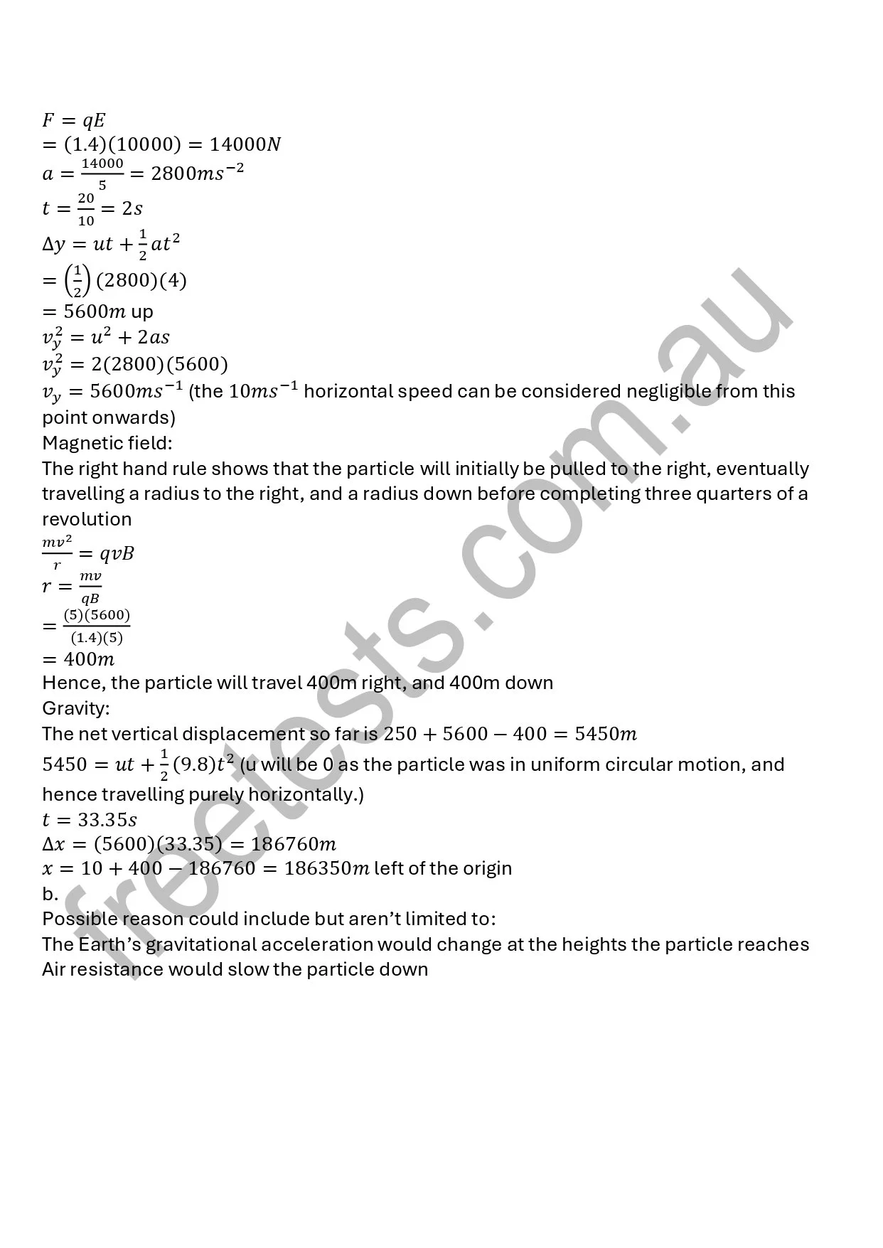A page of handwritten physics equations and calculations detailing forces, acceleration, displacement, magnetic field, gravity, and motion analysis.