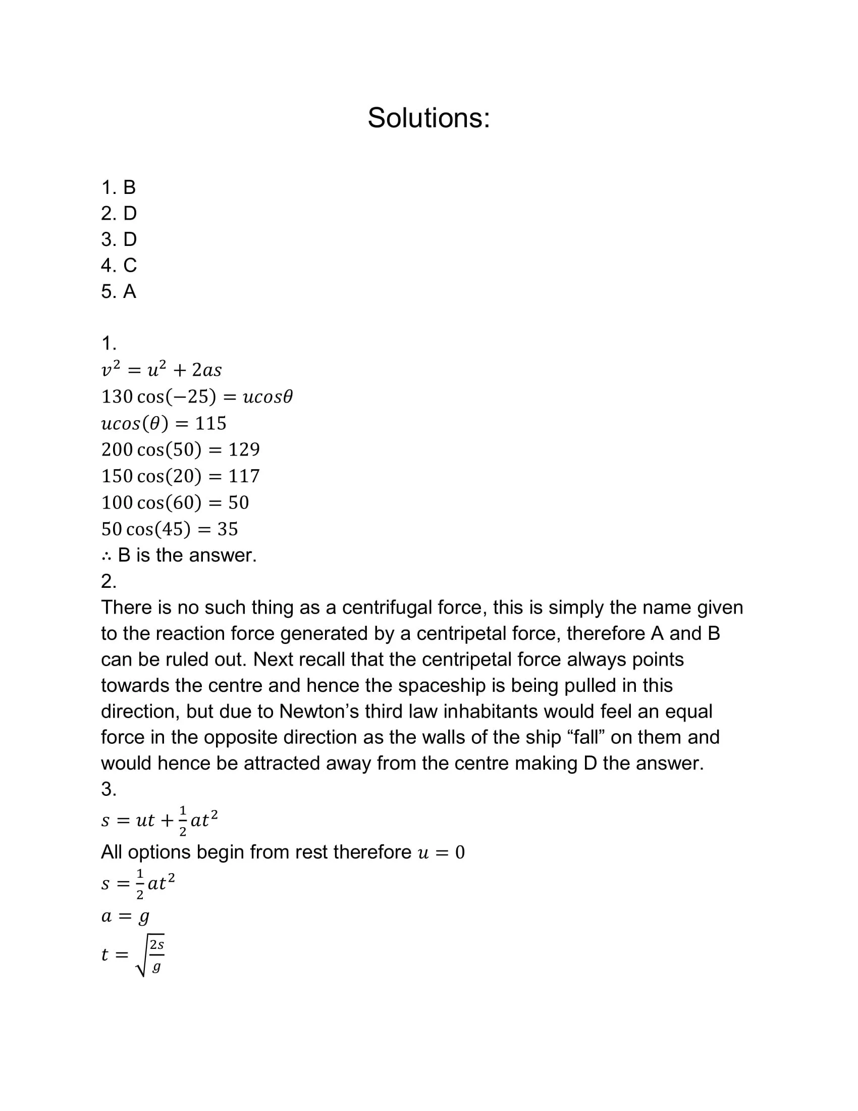 A document page containing solutions, including mathematical equations and explanations for problems involving physics and mathematics.
