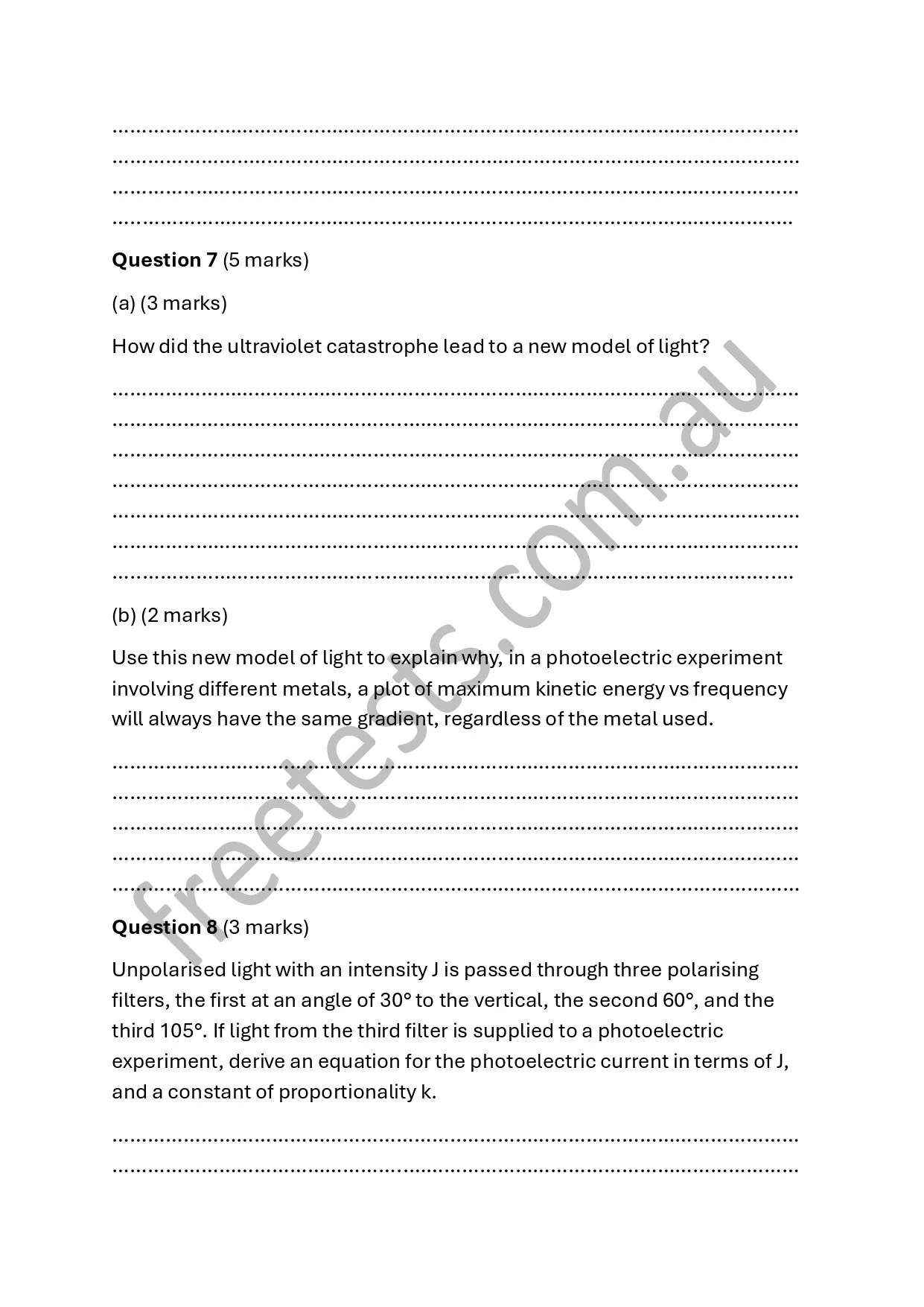 A page of a science exam or worksheet with questions about ultraviolet light, photoelectric effect, and polarized light, including spaces for written answers.