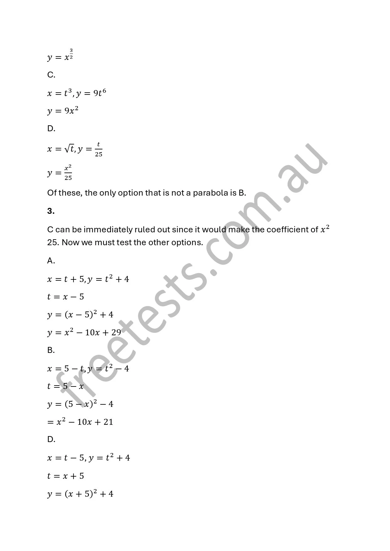 A math worksheet containing multiple-choice questions and algebraic equations involving variables, exponents, and functions with options labeled A, B, C, and D.