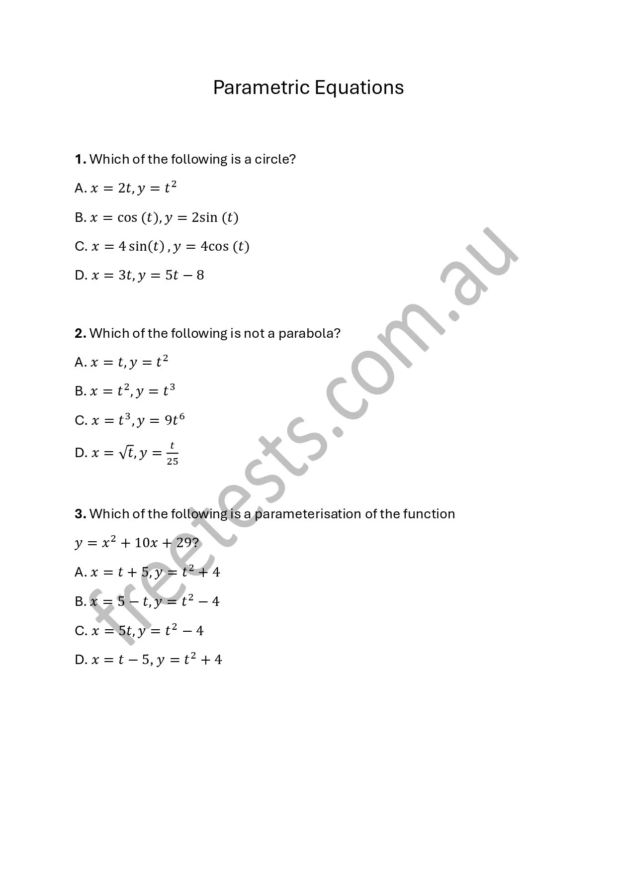 A page displaying a multiple-choice math quiz titled 'Parametric Equations', with three questions about circles, parabolas, and parameterization of functions.