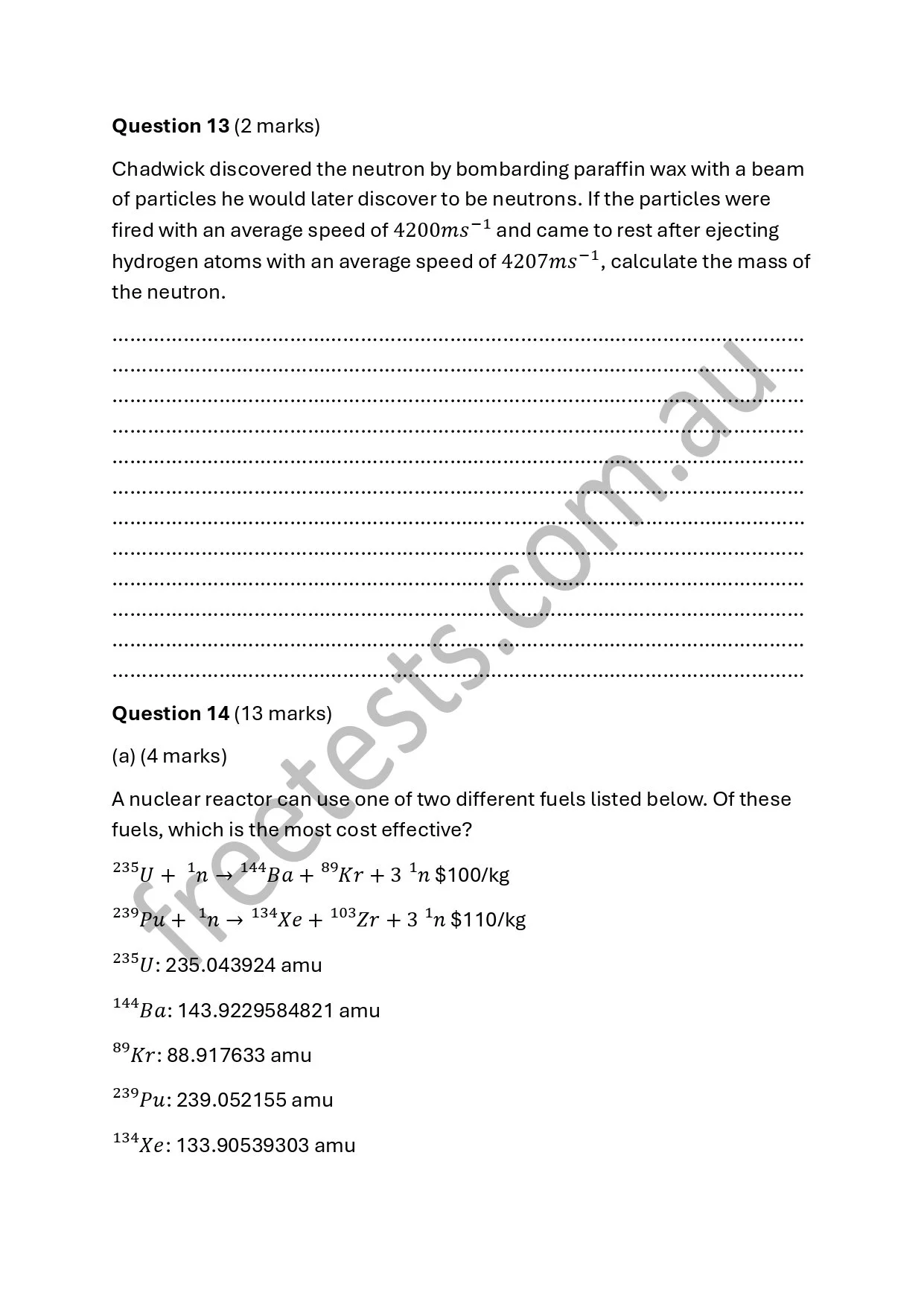 A sheet of paper with physics and nuclear science questions, including neutron discovery and nuclear fuel costs, printed in black text with references to atomic symbols and units.
