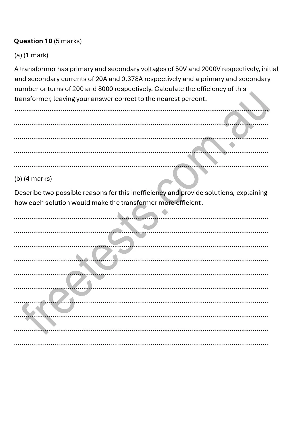 A screenshot of a physics exam question about a transformer, with two parts asking for the calculation of efficiency and reasons for inefficiency.