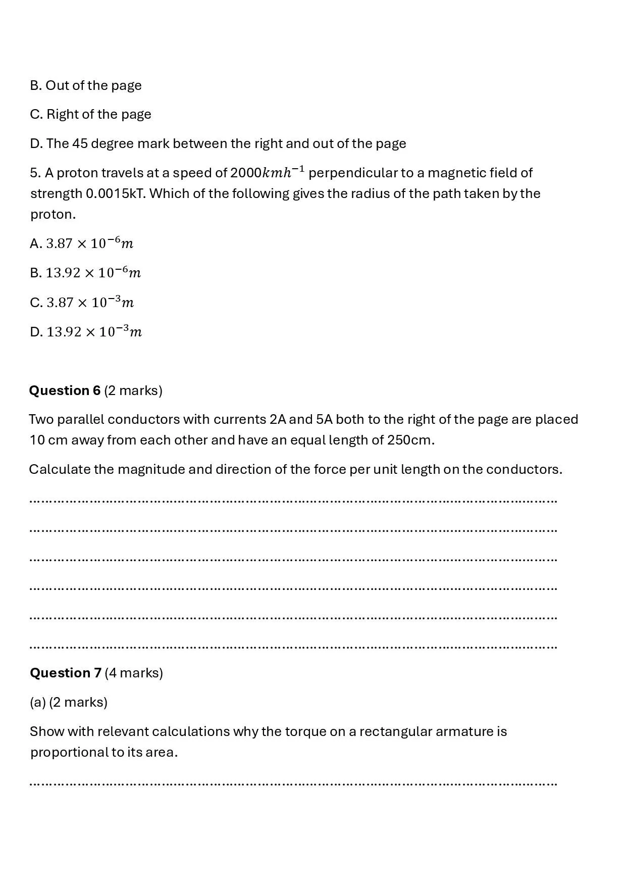 A page of a physics test with multiple-choice questions about proton travel, forces in conductors, and torque on a rectangular armature.