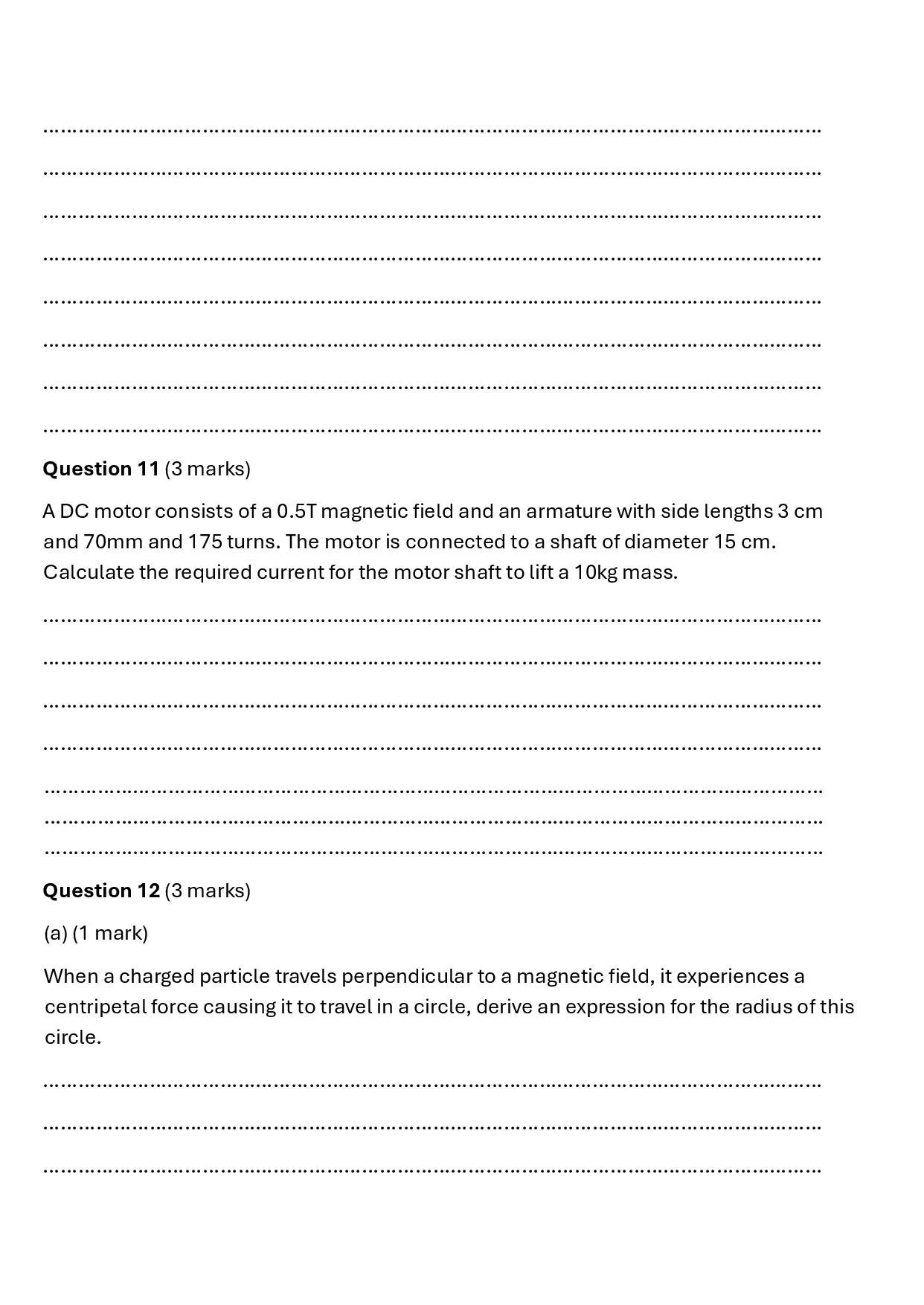 Page of a physics or engineering exam with multiple questions, including calculations related to a DC motor, magnetic fields, armature dimensions, and particle motion in a magnetic field.