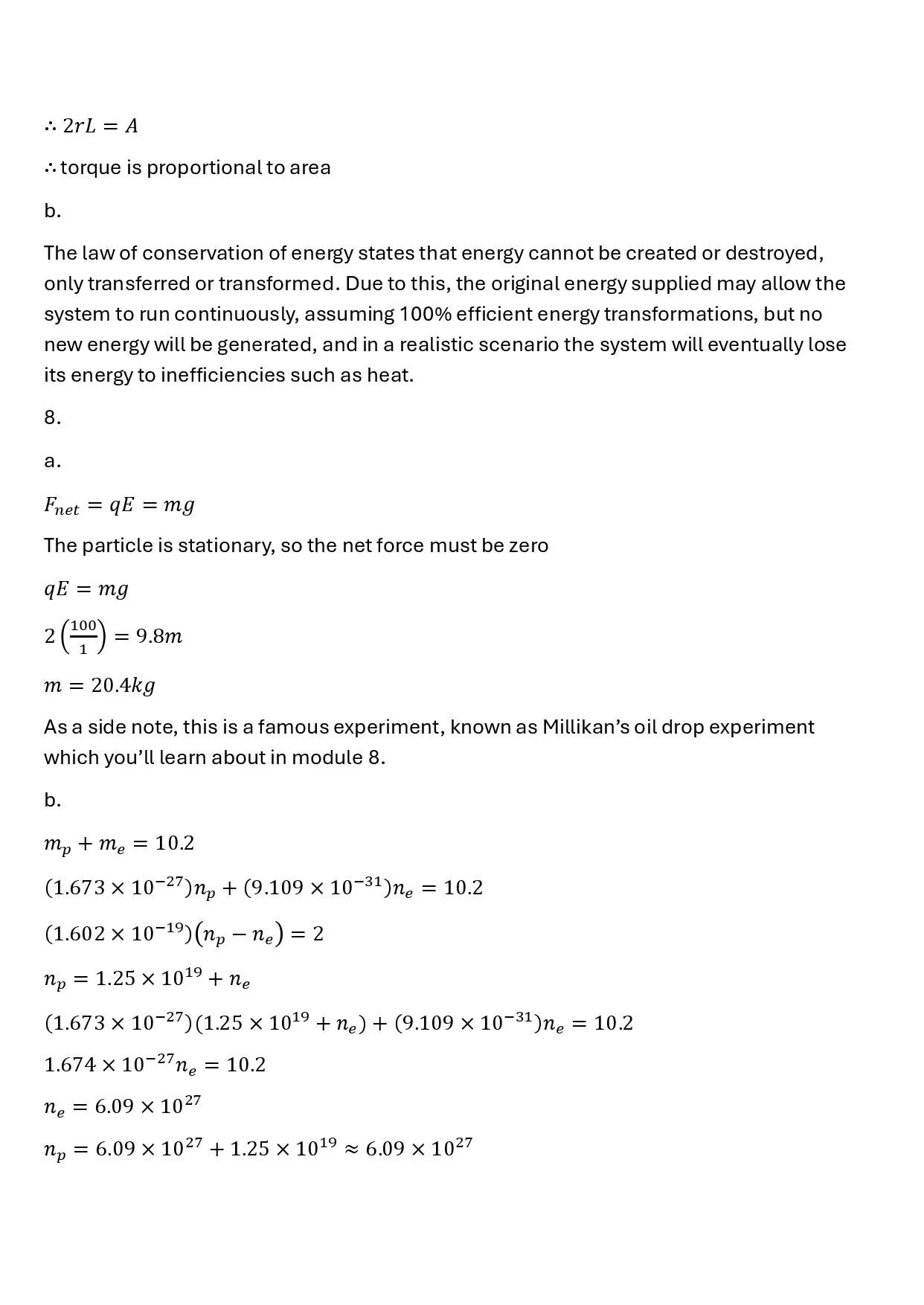 Page of scientific and physics text with formulas and explanations about energy, torque, and particle physics experiments.