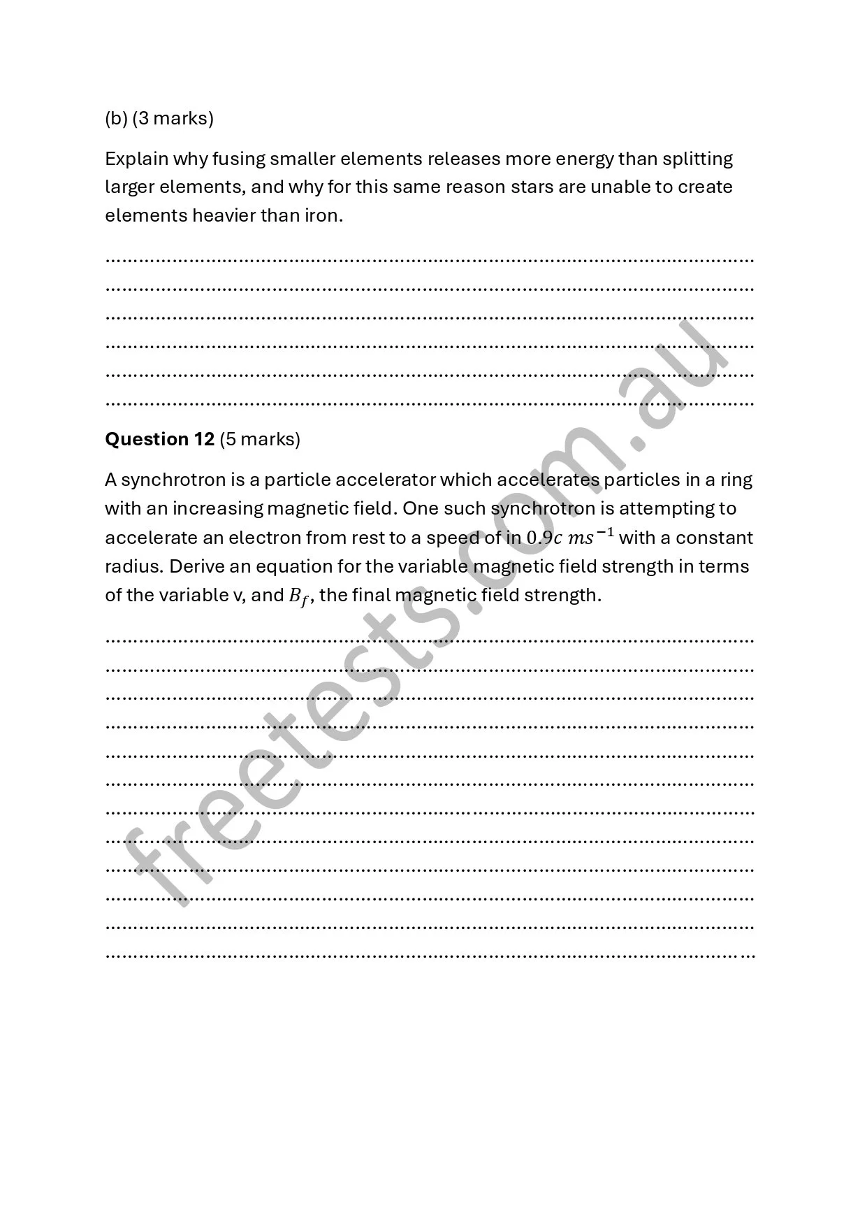 A scanned physics exam paper with questions related to atomic fusion processes and magnetic fields in particle accelerators.