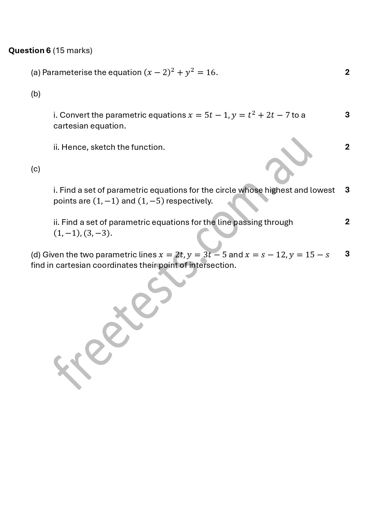 A math exam page with questions involving equations, conversions, and graphing. The page is marked as question 6 and includes several parts labeled (a), (b), (c), and (d), with instructions and spaces for answers.
