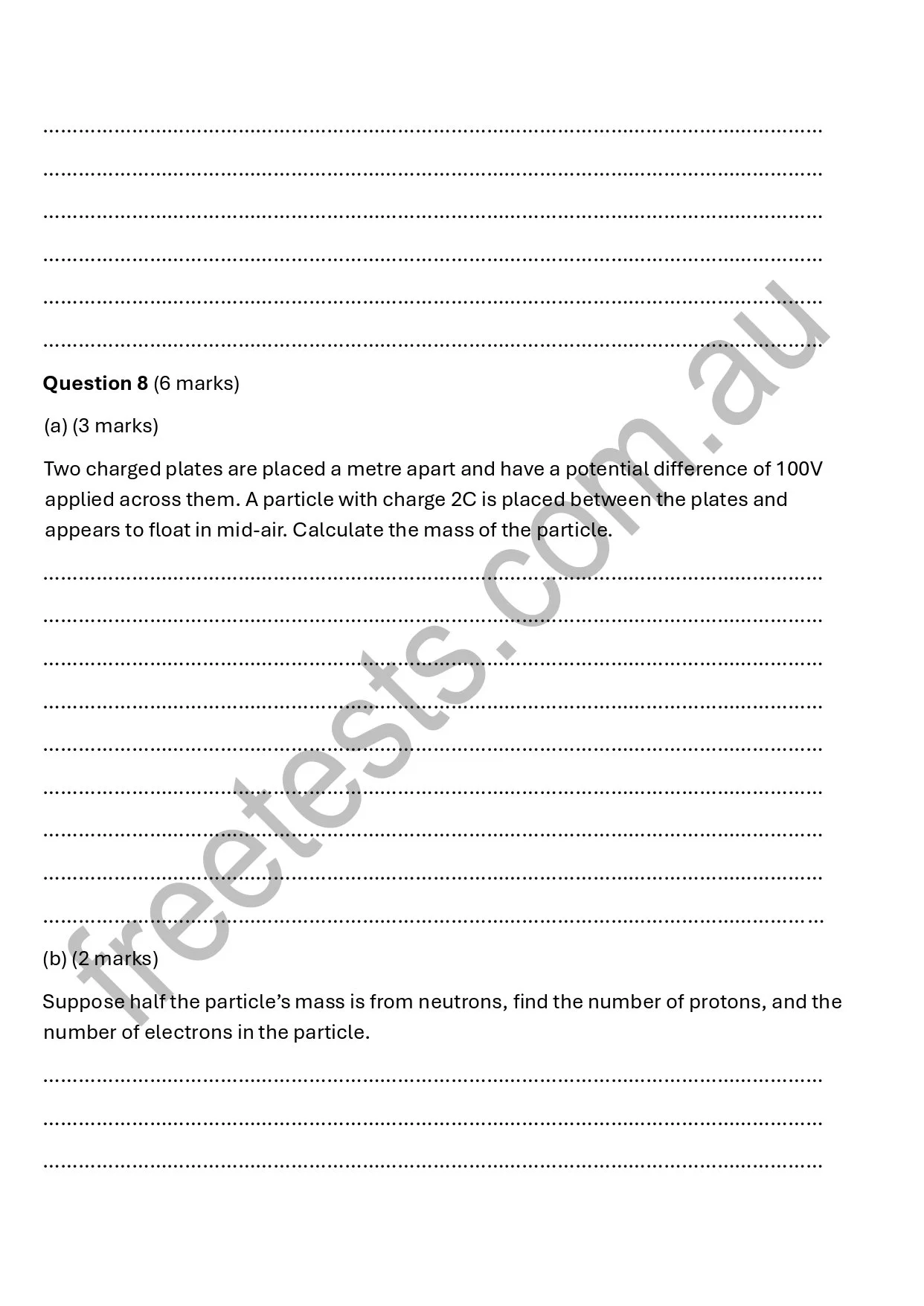 This is a scanned physics exam paper with questions about charged particles and electric potential. The page shows a header, numbered questions with subparts, and dashed lines for answers, with a watermark across the page.