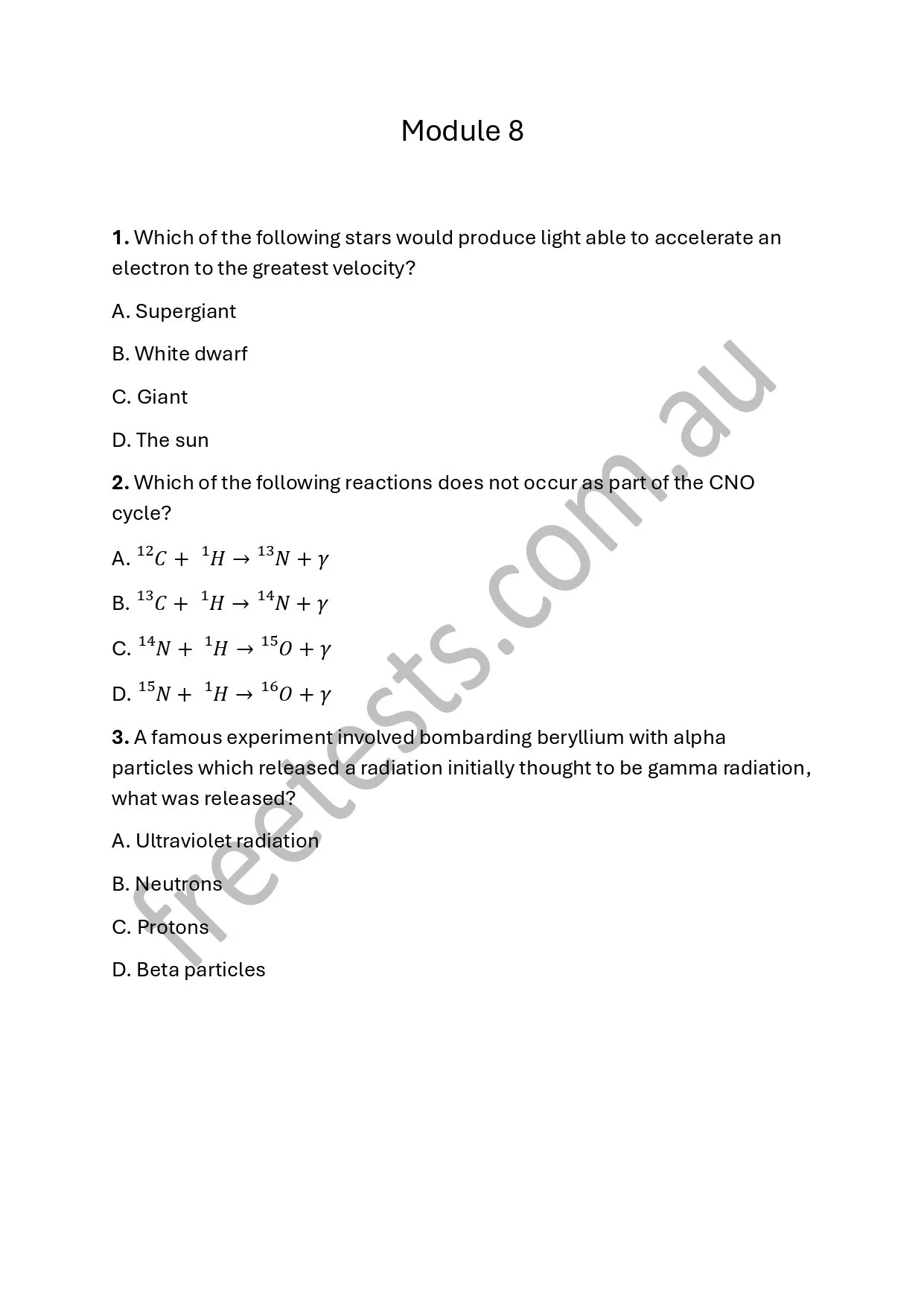 Page from a science textbook labeled 'Module 8' with multiple-choice questions regarding stars, nuclear reactions, and radiation experiments.
